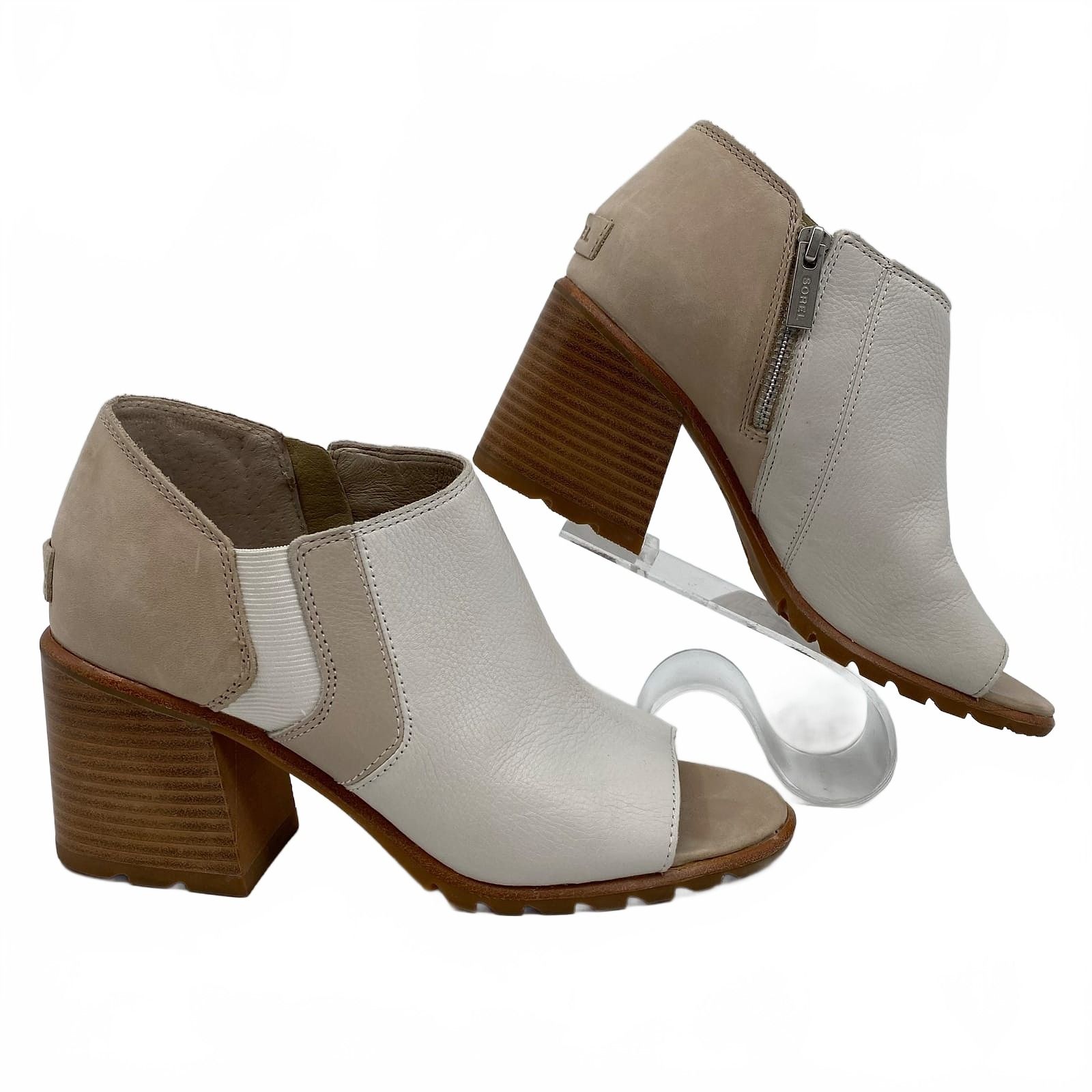 Sorel White Beige Peep Toe Heeled Ankle Booties