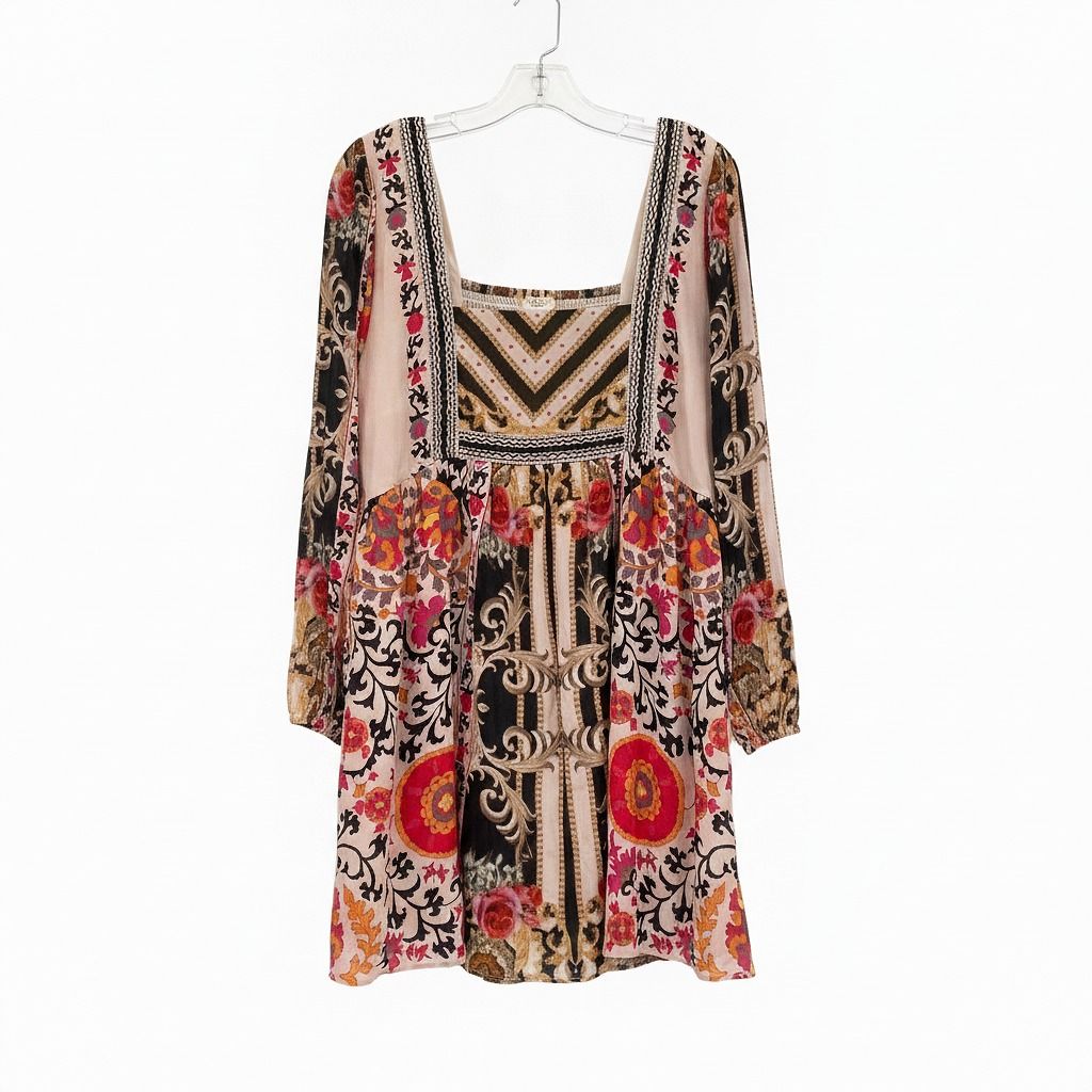 Nikasha Pink Red Black Patterned Puff Sleeve Mini Dress