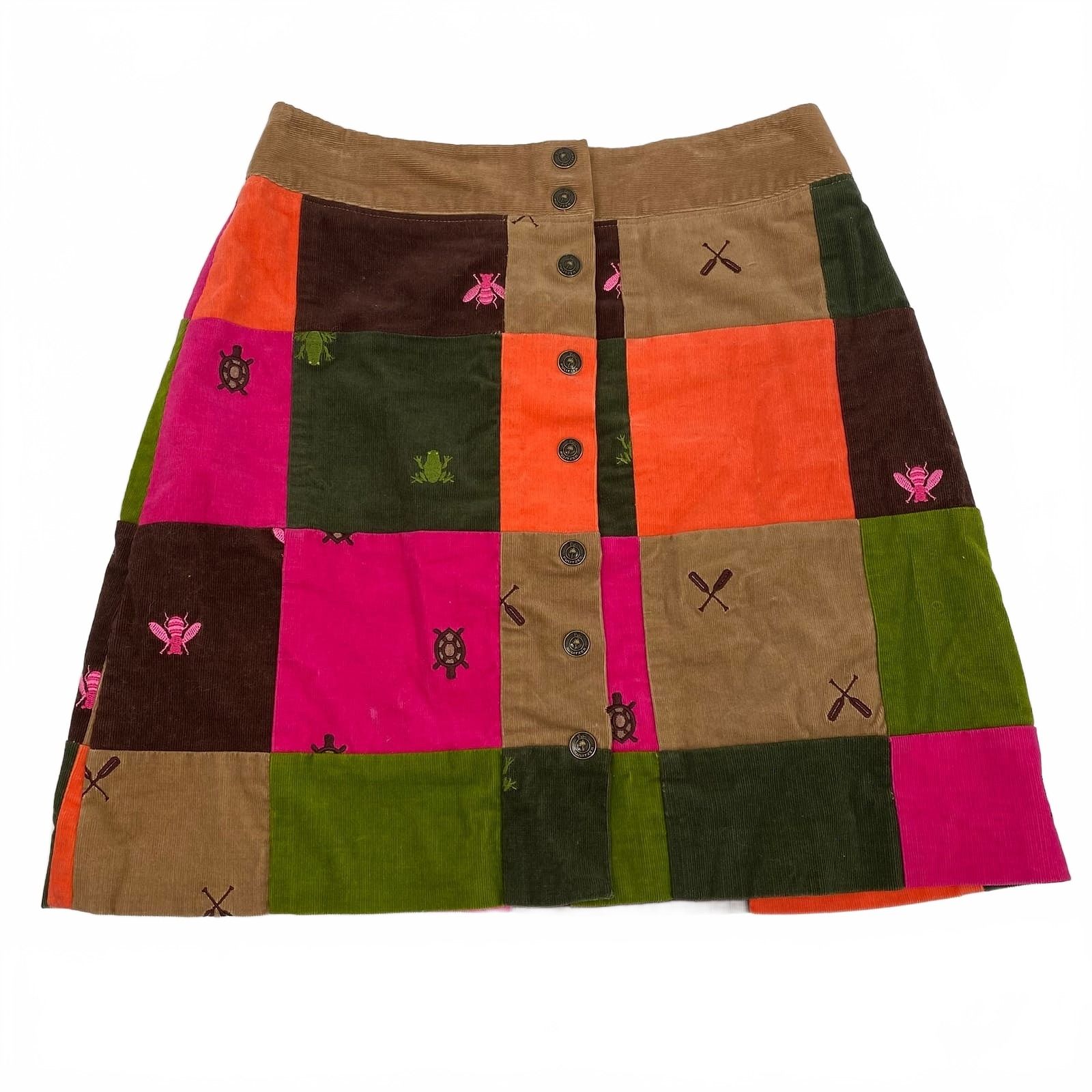 Lilly Pulitzer Brown Green Mini Skirt Corduroy Patchwork Embroidered