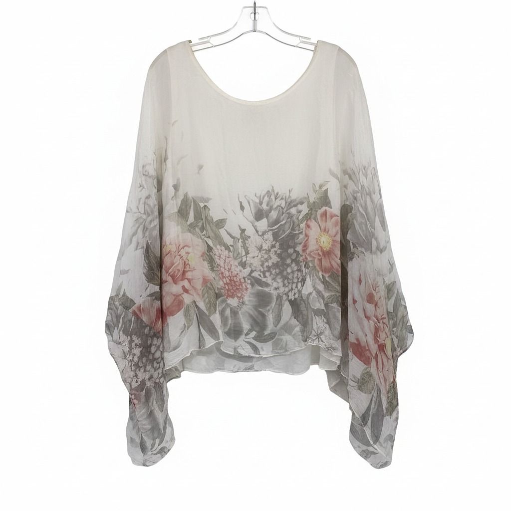 Giusy White Gray Silk Floral Blouse