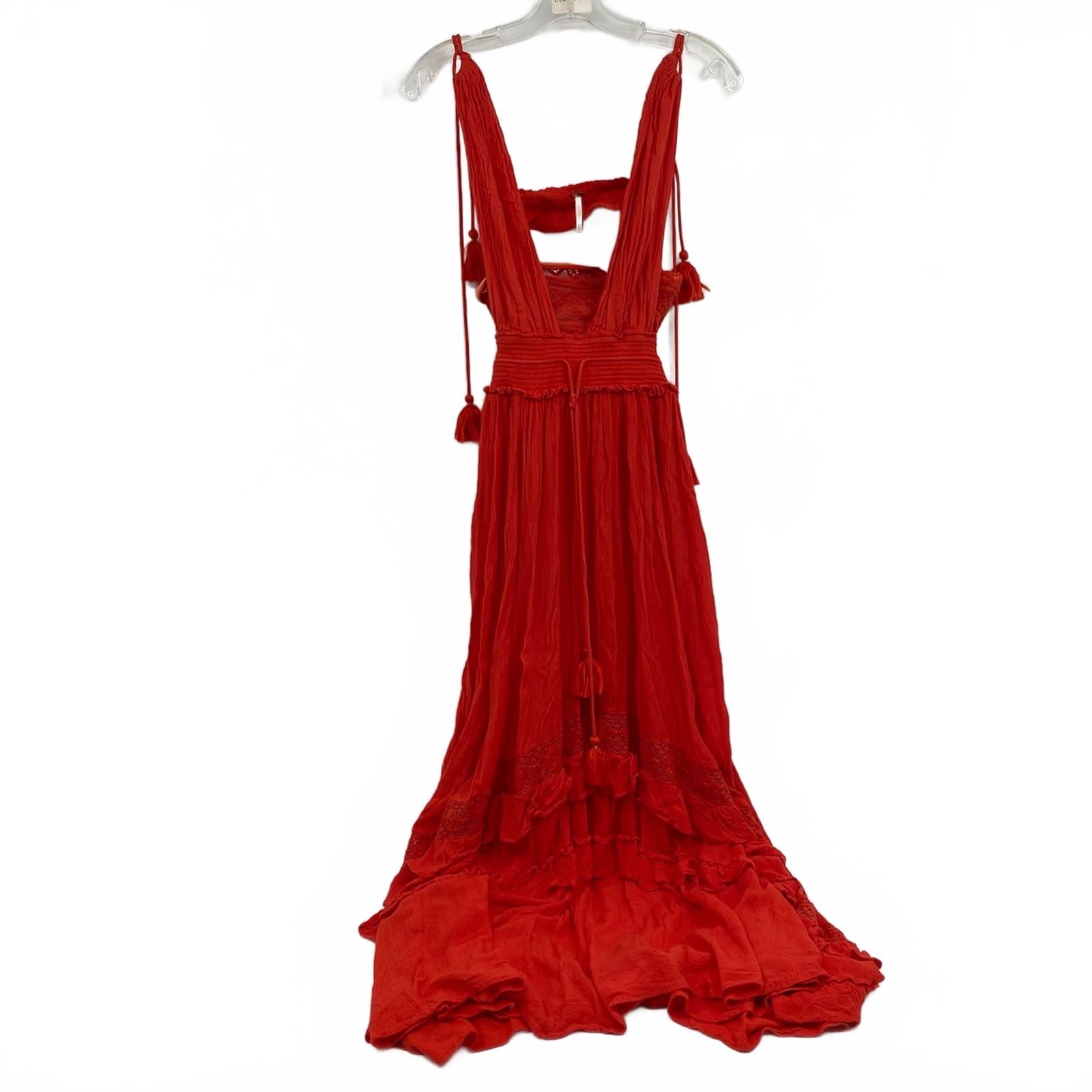 Free People Red Orange Crochet Cut-Out Maxi Dress