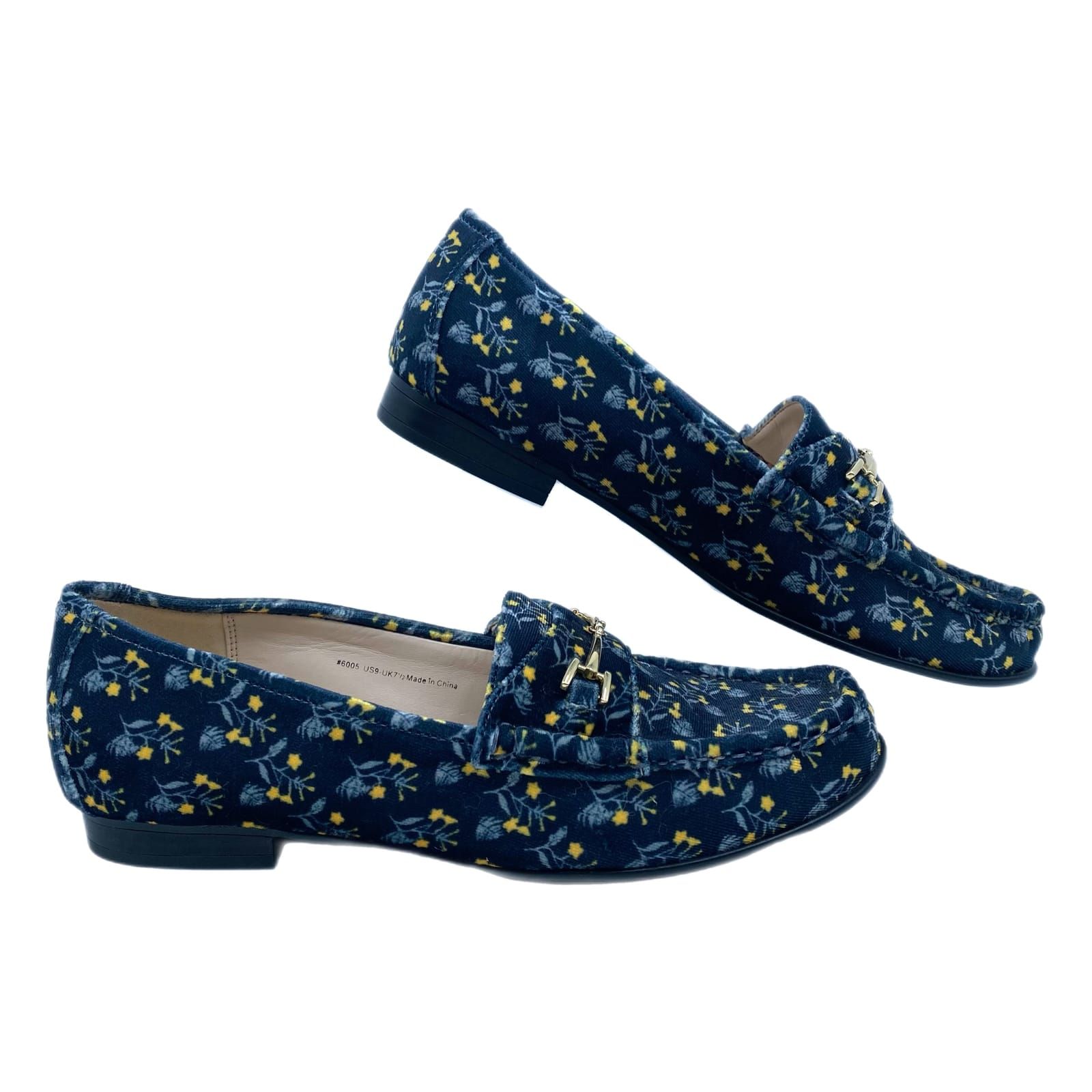 CAbi Blue Yellow Shoes Floral Velvet Loafers