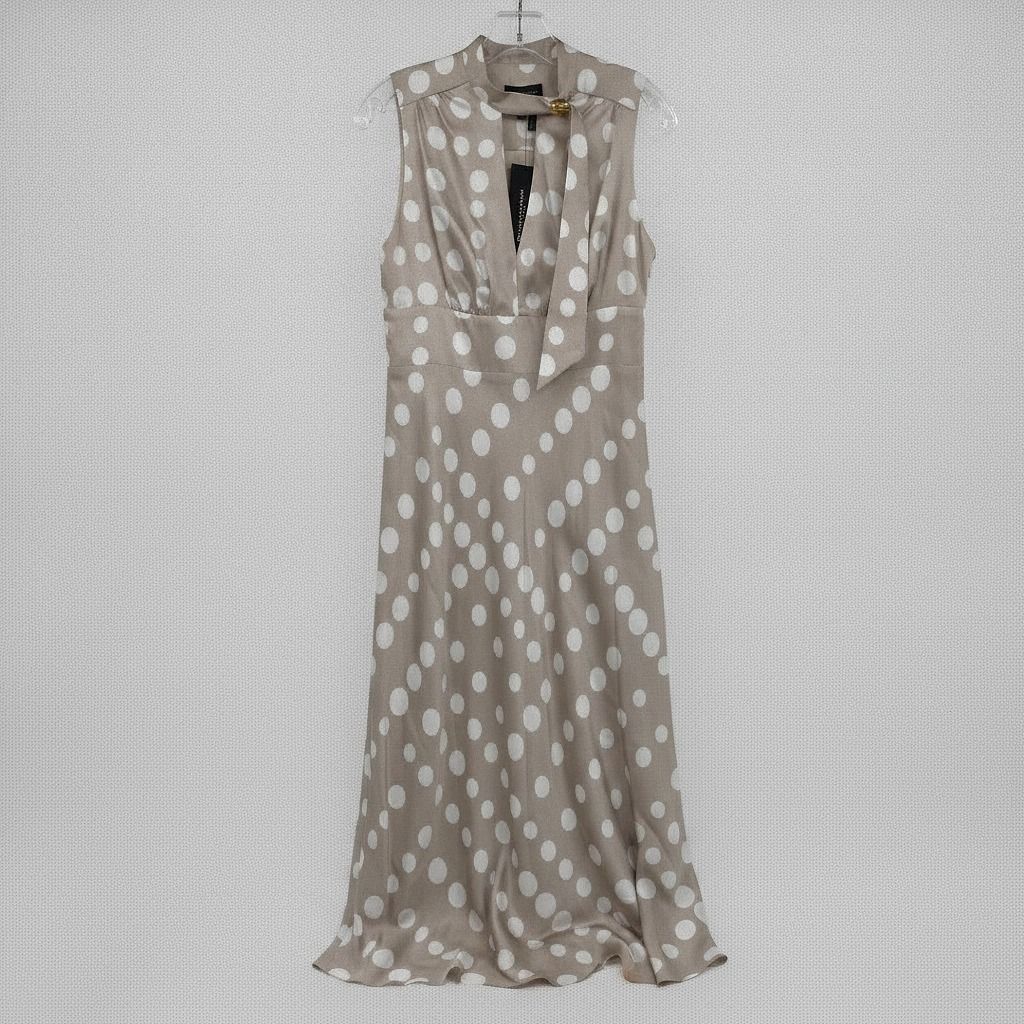 Donna Karan Beige White Polka Dot Satin Midi Dress