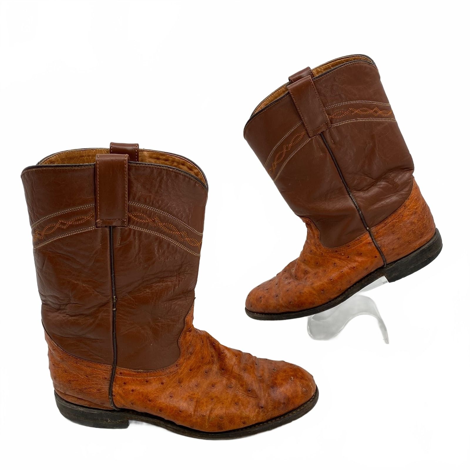 Long Horn Brown Heeled Boots Ostrich