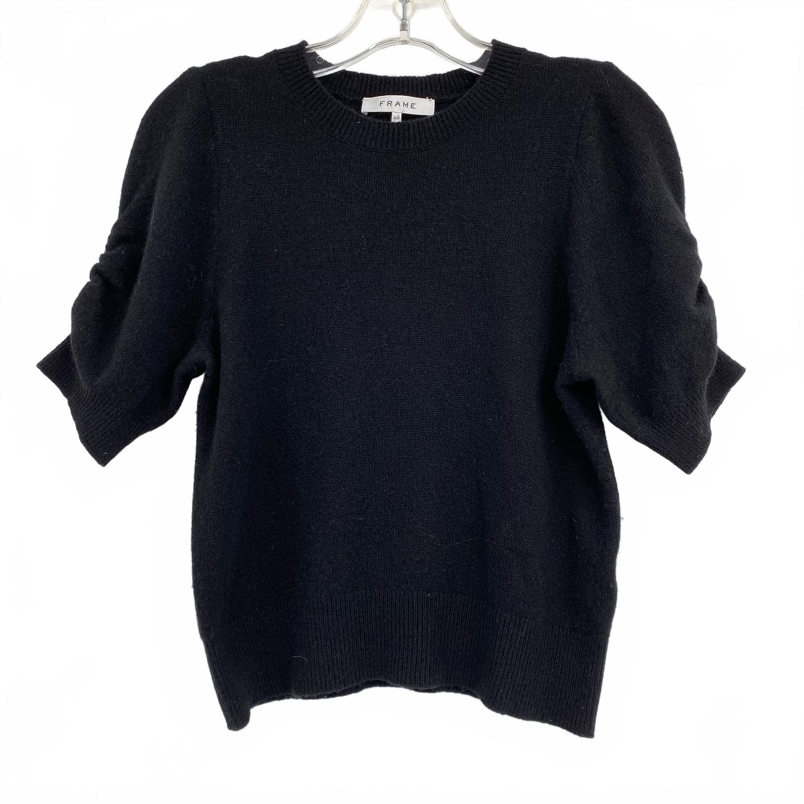 Frame Black Cashmere Ruched Short Sleeve Sweater