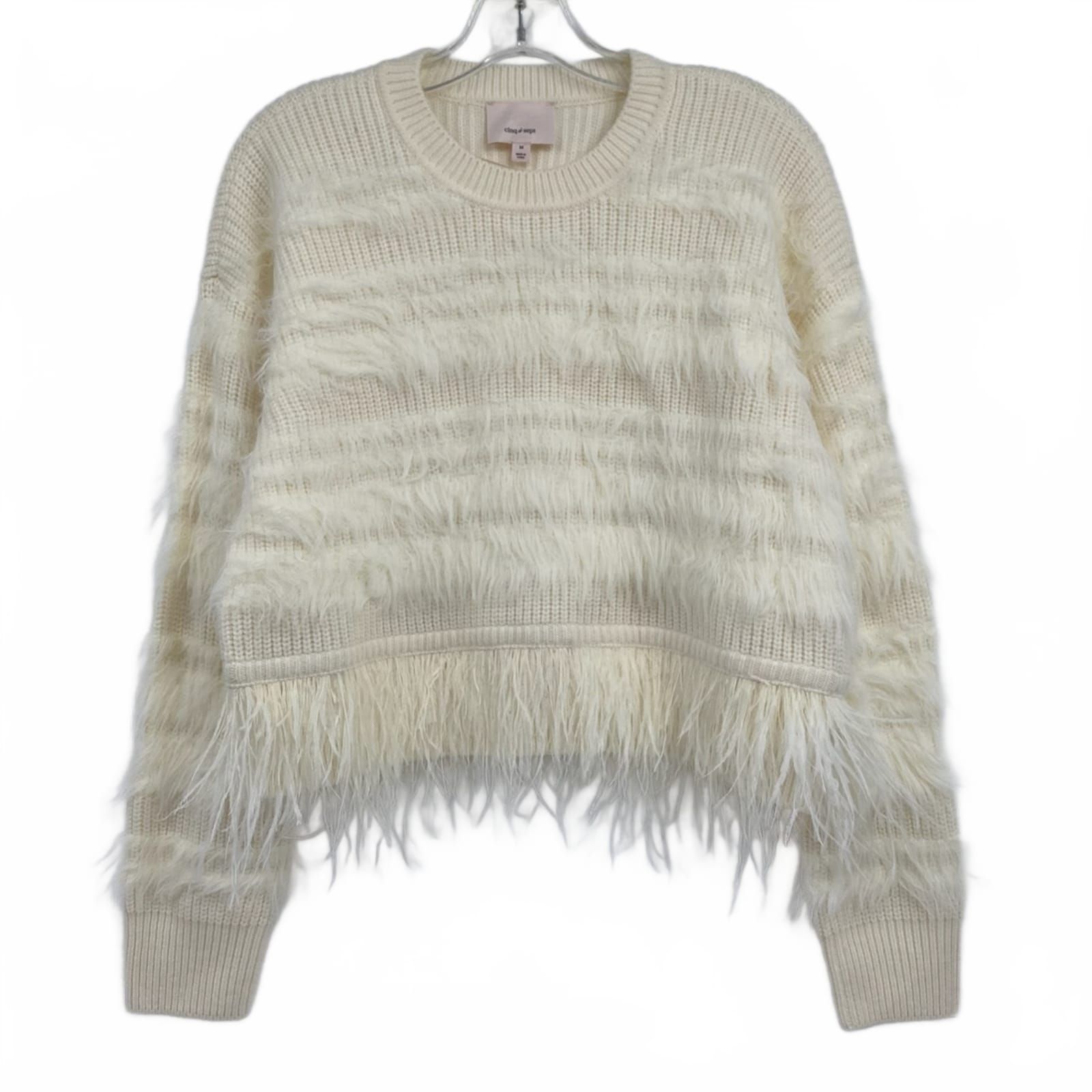 Cinq a Sept Cream Real Ostrich Feather Trim Sweater