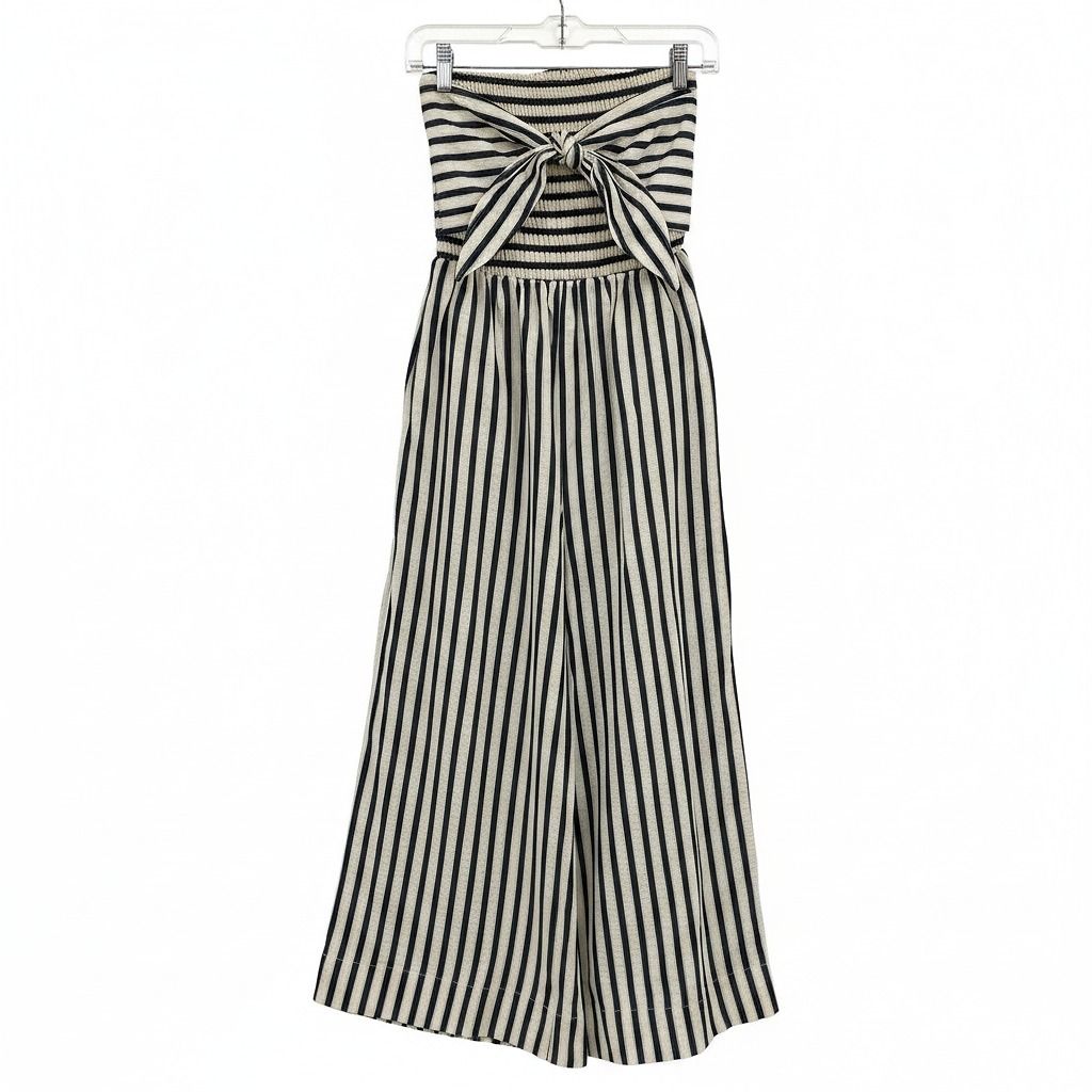 Bishop + Young Cream/Blue Striped Smocked Strapless Jumpsuit