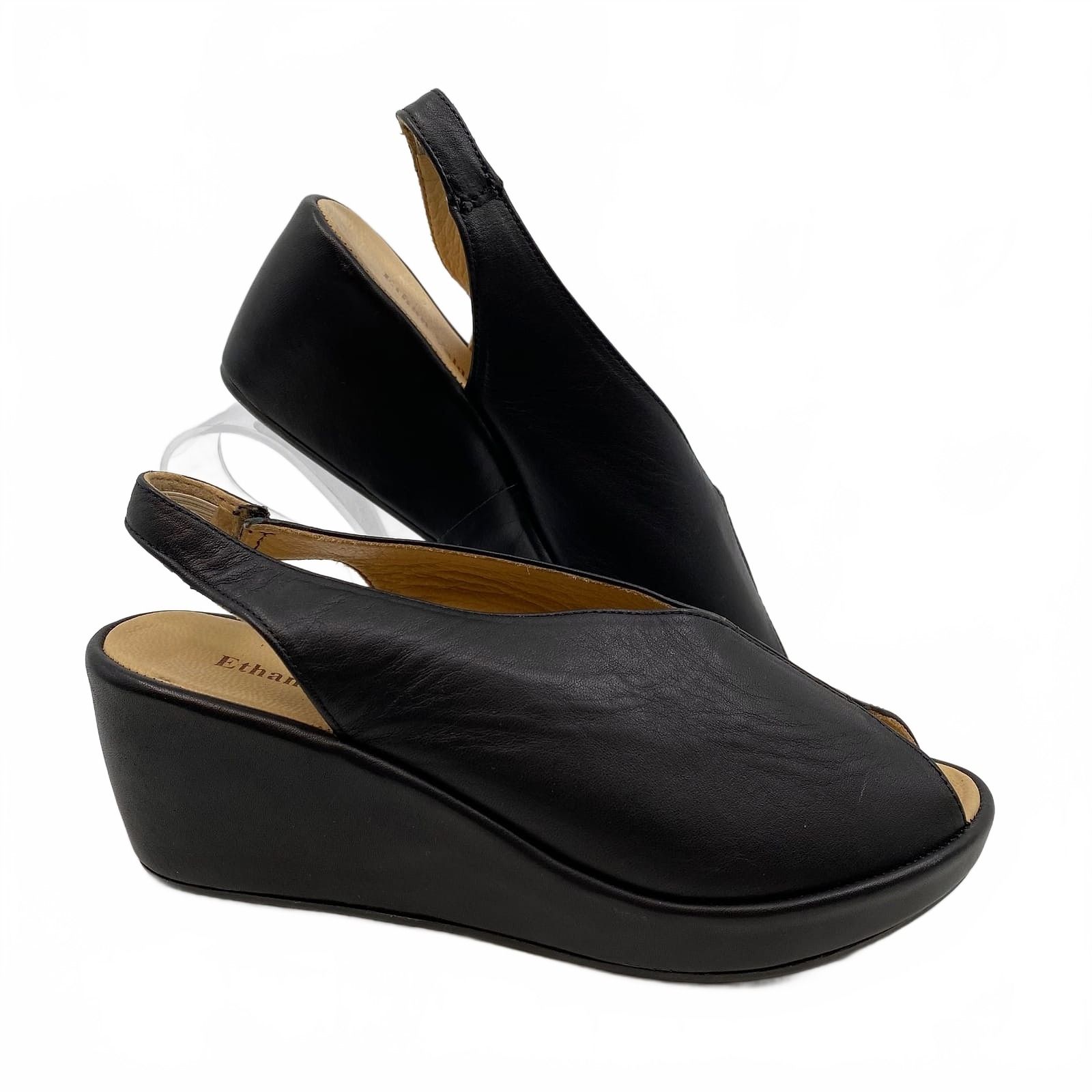 Ethan Valdes Black Leather Slingback Wedges