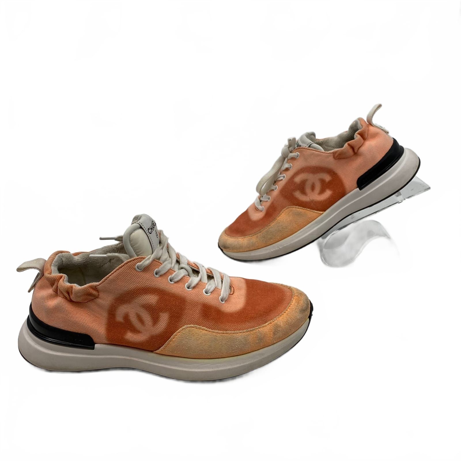 CHANEL Orange White Denim Sneakers