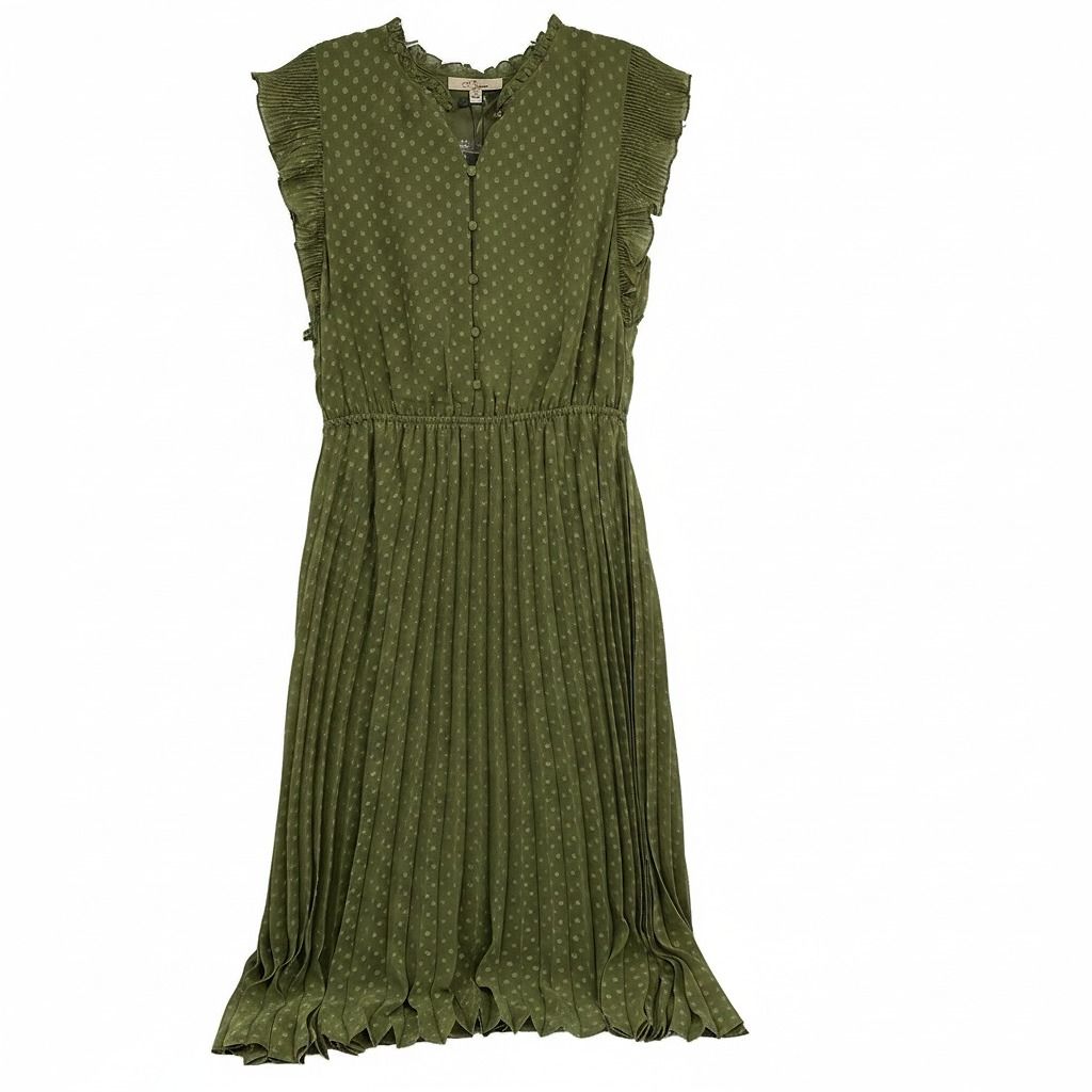 Les Serein Green Polka Dot Pleated Midi Dress