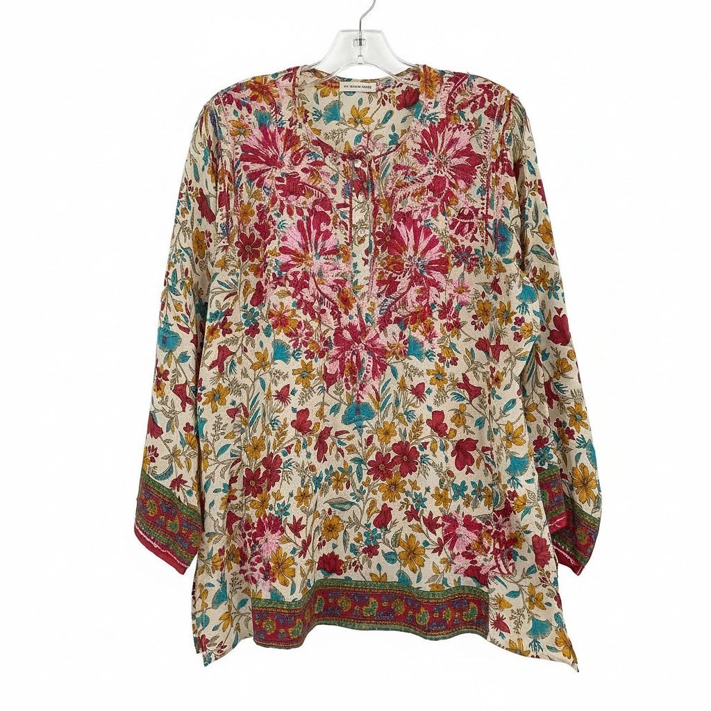 KC Signatures Beige Red Silk Embroidered Floral Blouse