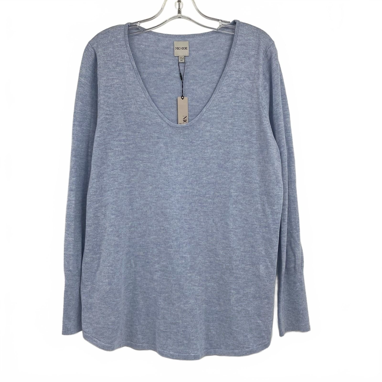 Nic + Zoe Light Blue Cotton Blend Scoop Neck Sweater