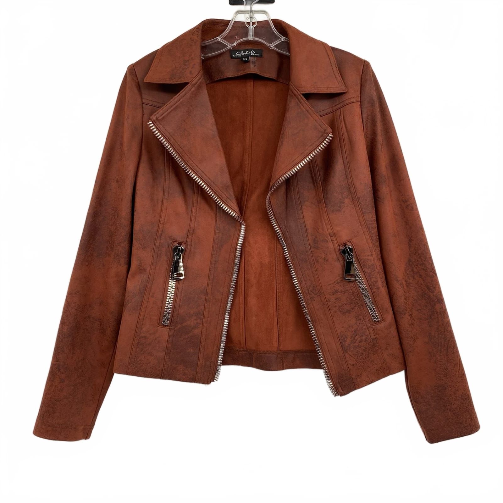 Charlie B Rust Brown Distressed Open Front Moto Jacket