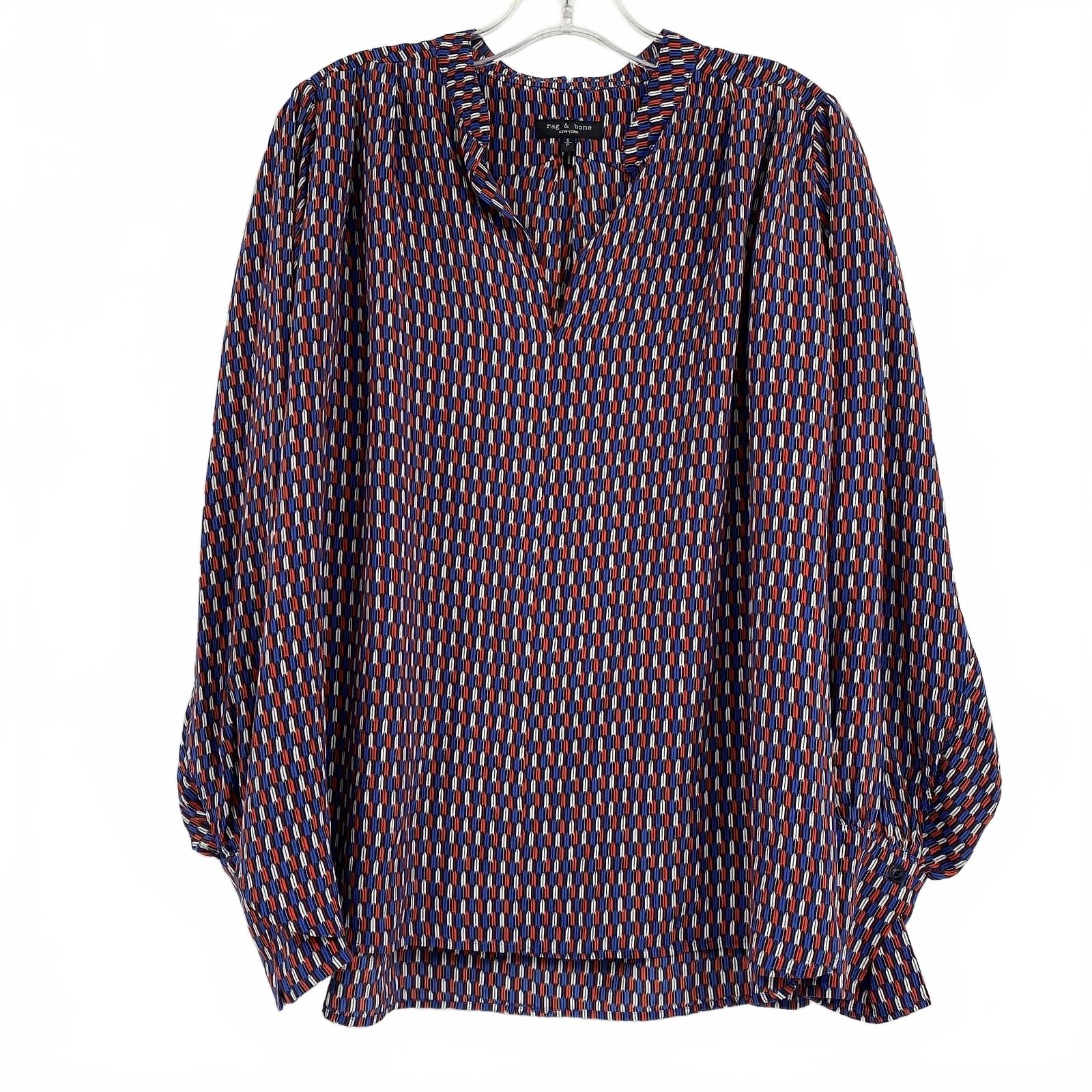 Rag & bone Blue Red Silk V-Neck Blouse