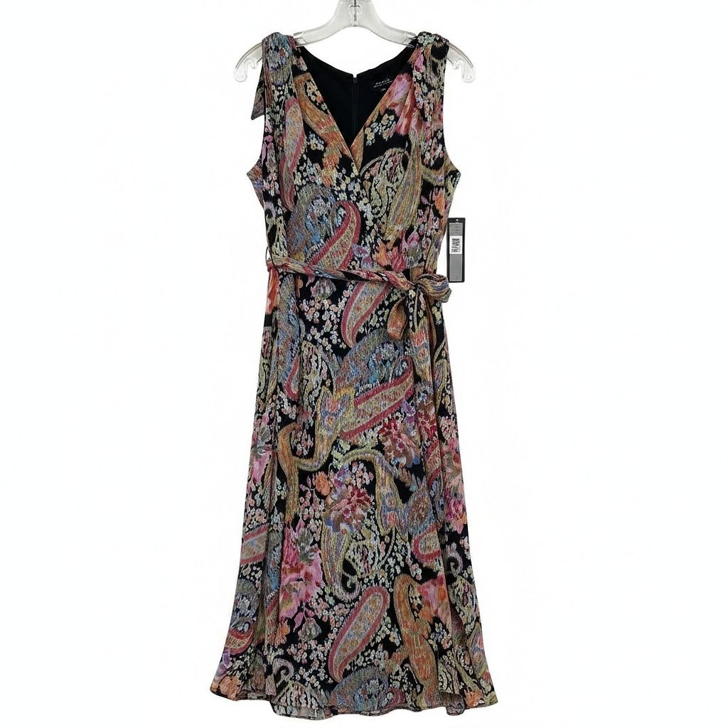 Tahari Black Pink Paisley V-Neck Maxi Dress