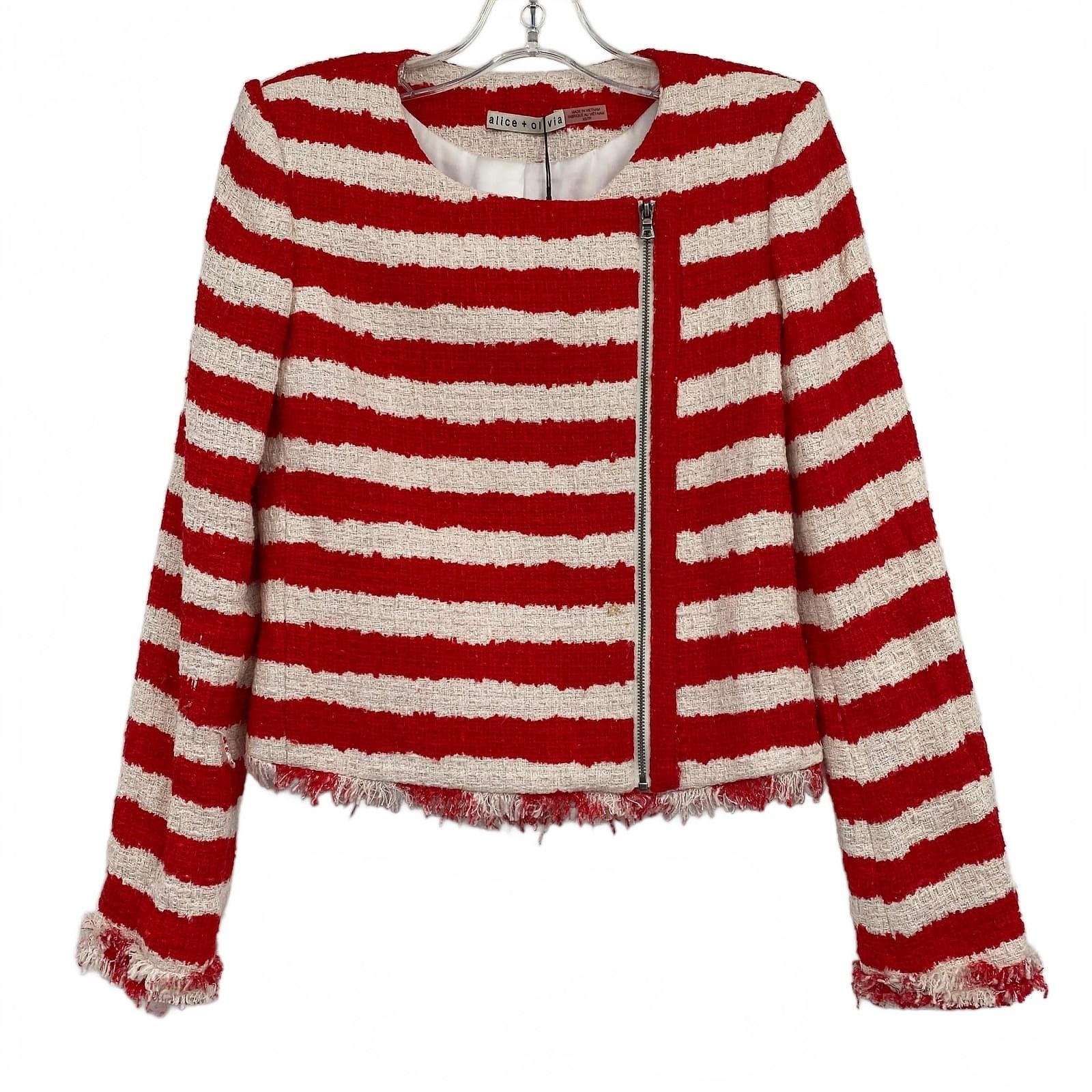 Alice + Olivia Red White Striped Tweed Zip-Up Jacket