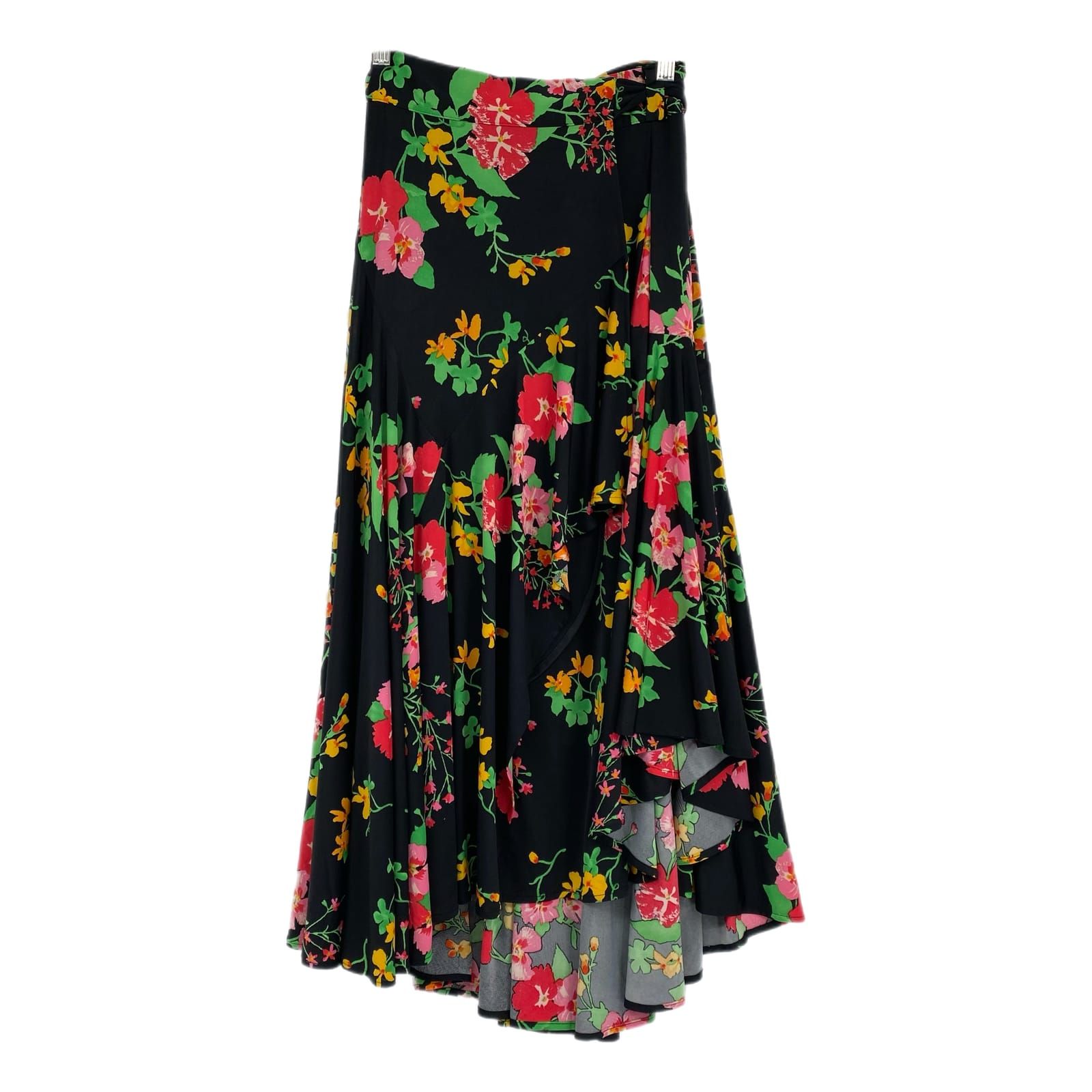 CAbi Black Pink Floral Hi-Low Wrap Midi Skirt