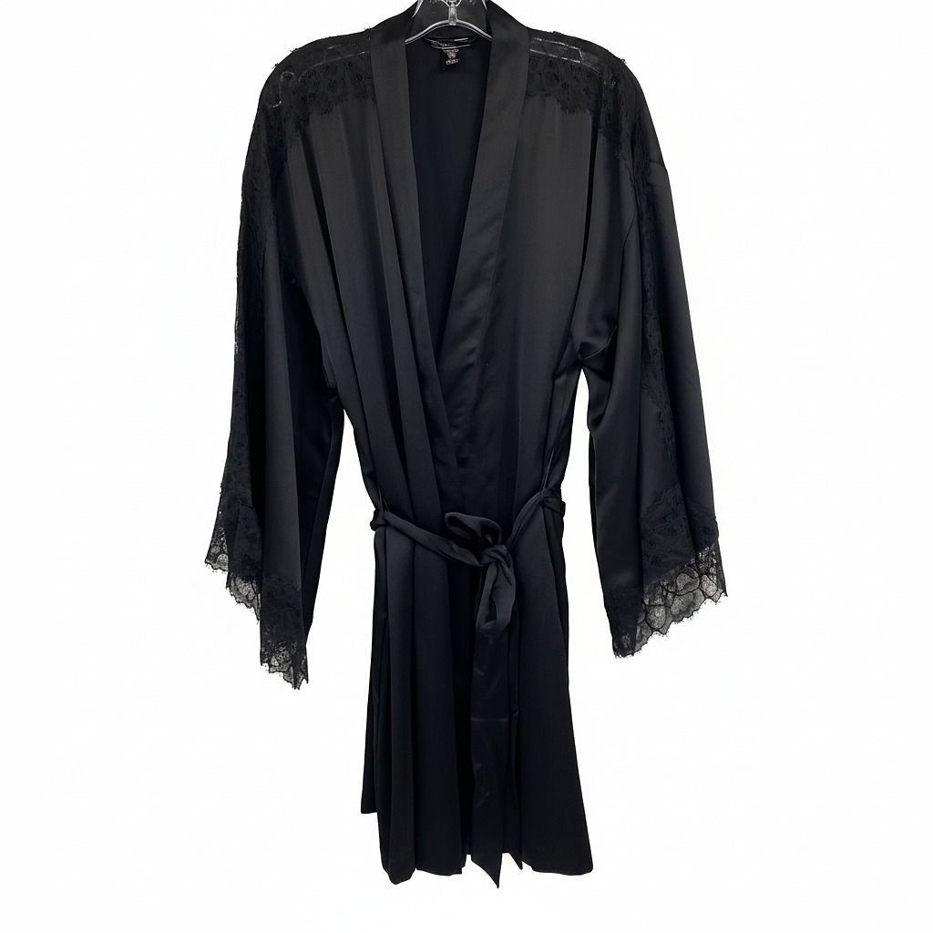 Victoria's Secret Black Satin Lace Accent Robe