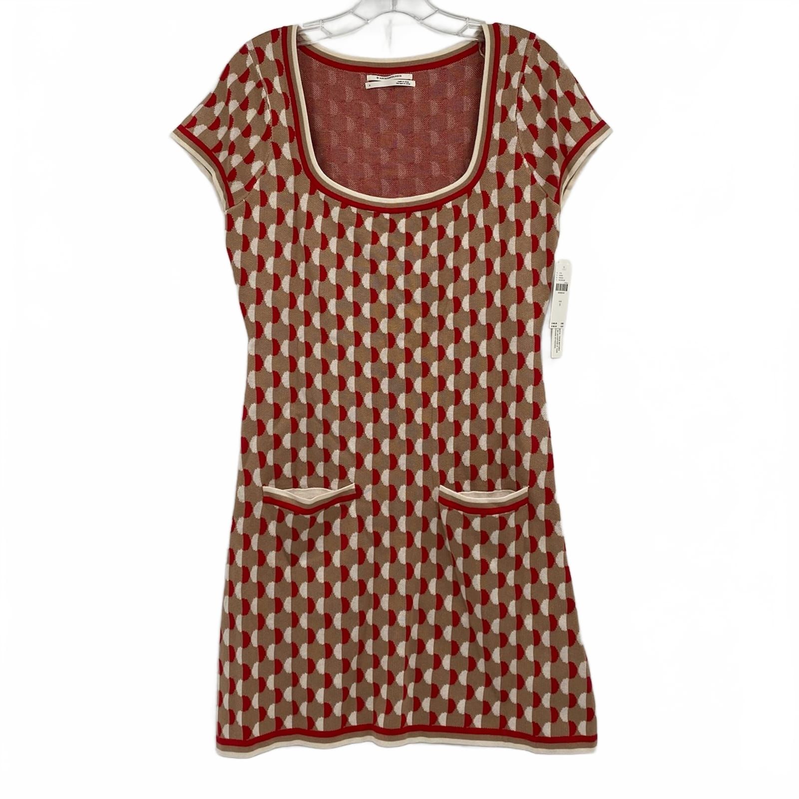 Anthropologie Red Tan Geometric Pattern Knit Mini Dress
