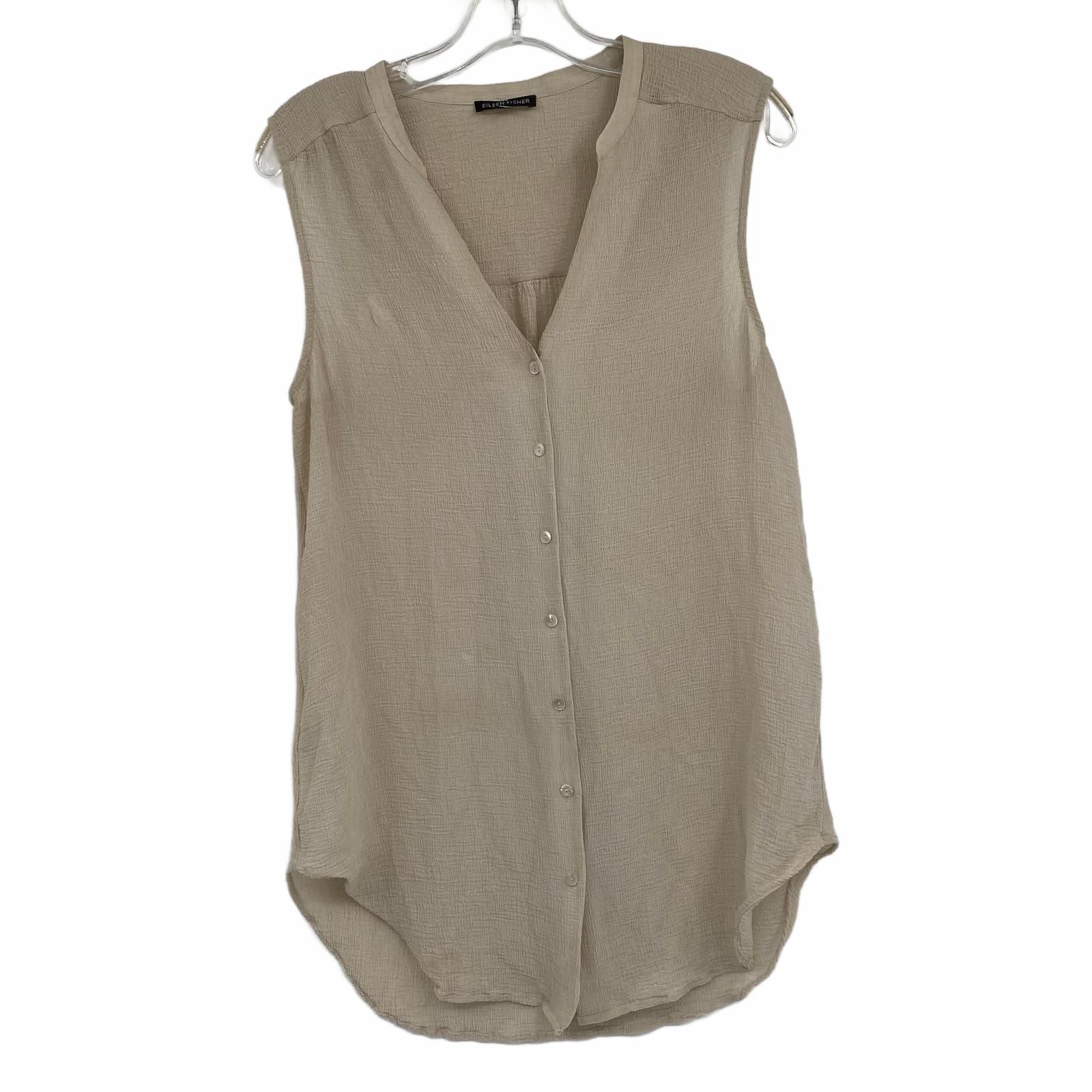 Eileen Fisher Beige Silk Sleeveless Button-Up Blouse