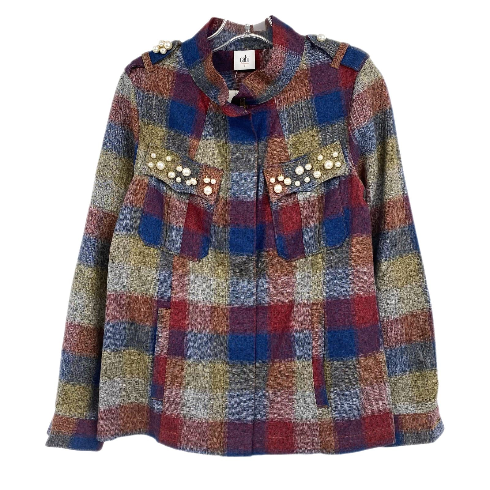 CAbi Red Blue Plaid Pearl Accent Shacket