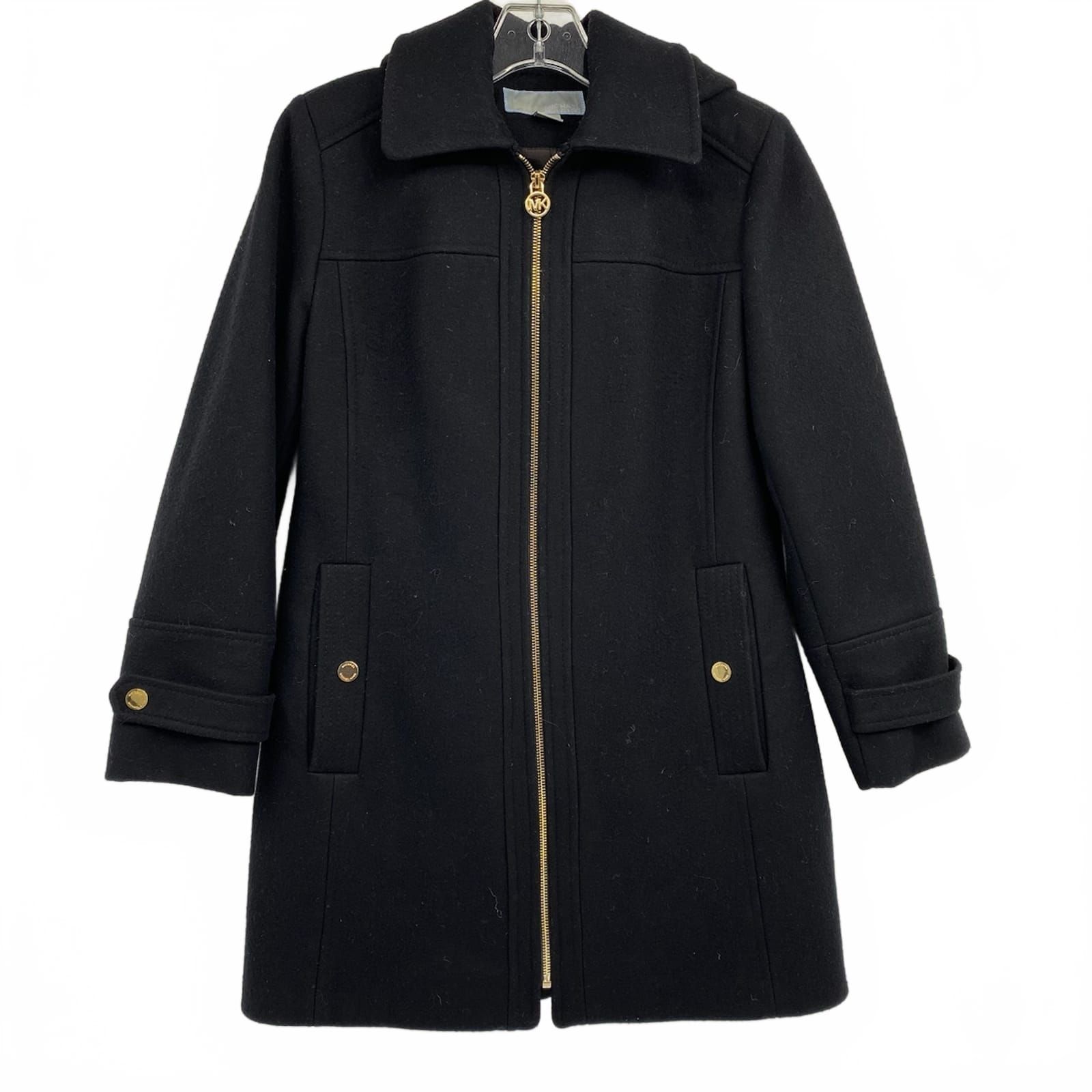 Michael Kors Black Wool Blend Hooded Zip-Up Coat