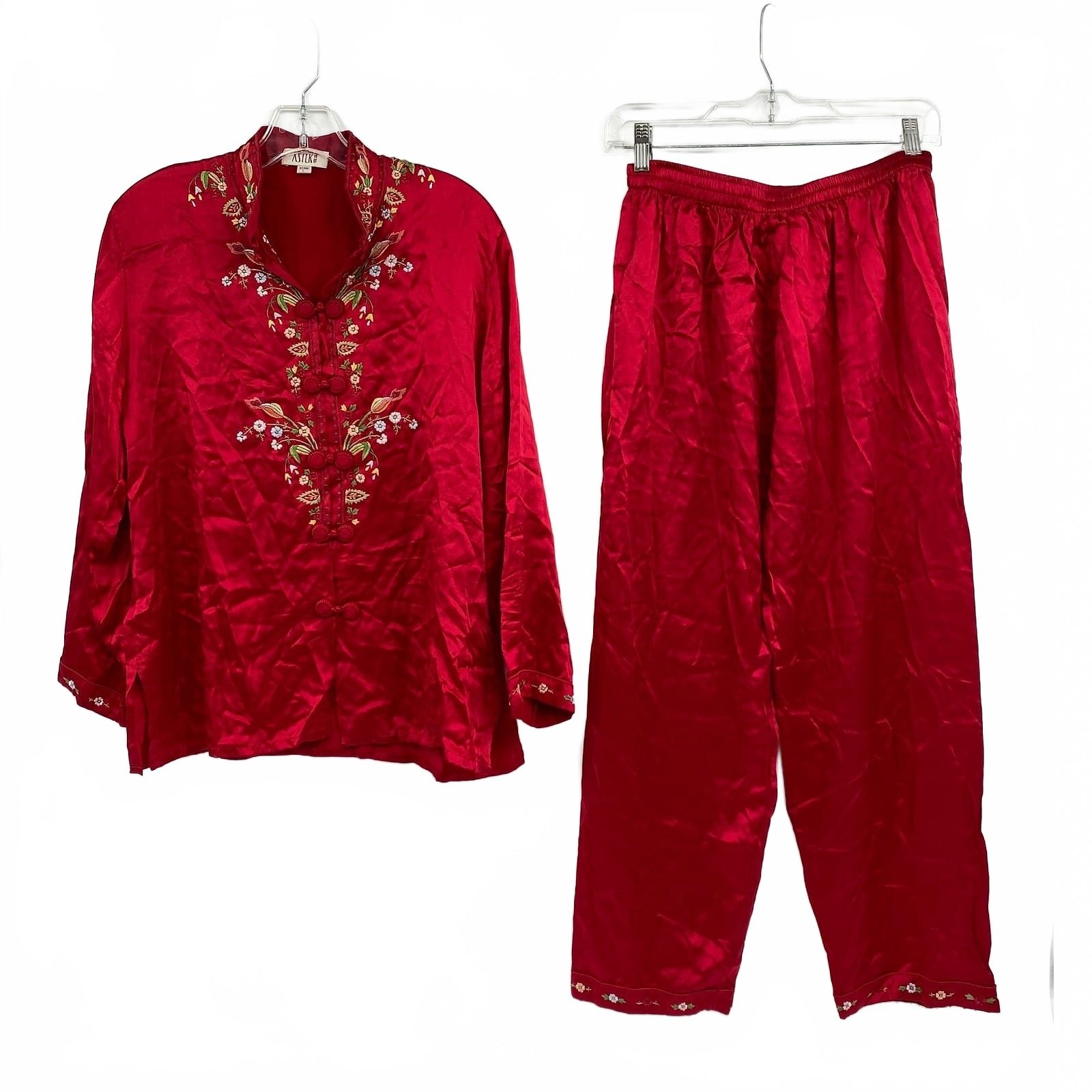 Asilk Red Silk Blouse Pant Set