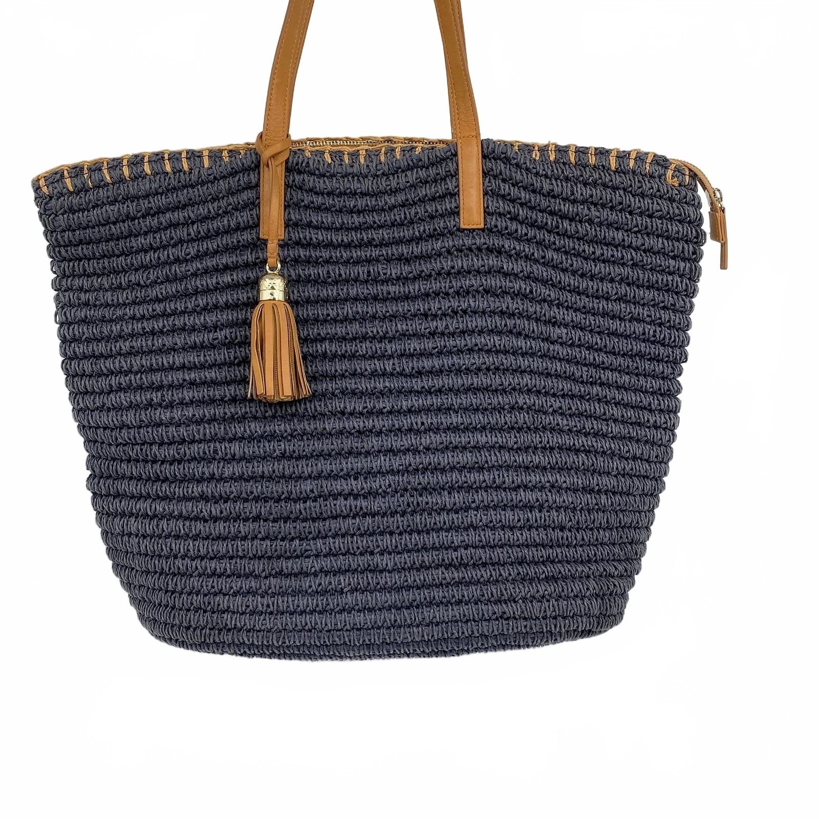Talbots Navy Raffia Tote Brown Shoulder Bag