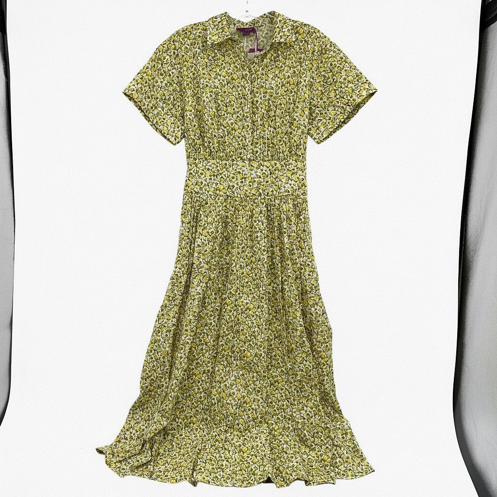 J. Crew Yellow Green Floral Midi Shirt Dress