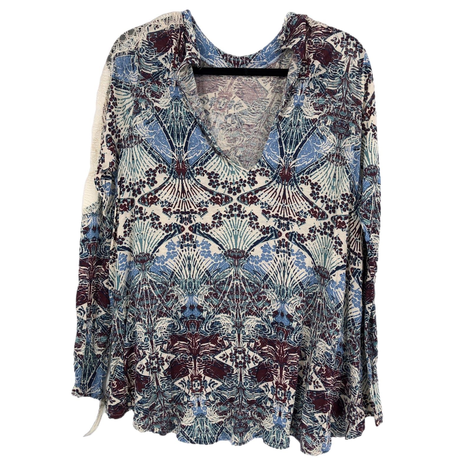 Free People Cream & Blue Long Sleeve V-Neck T-Shirt