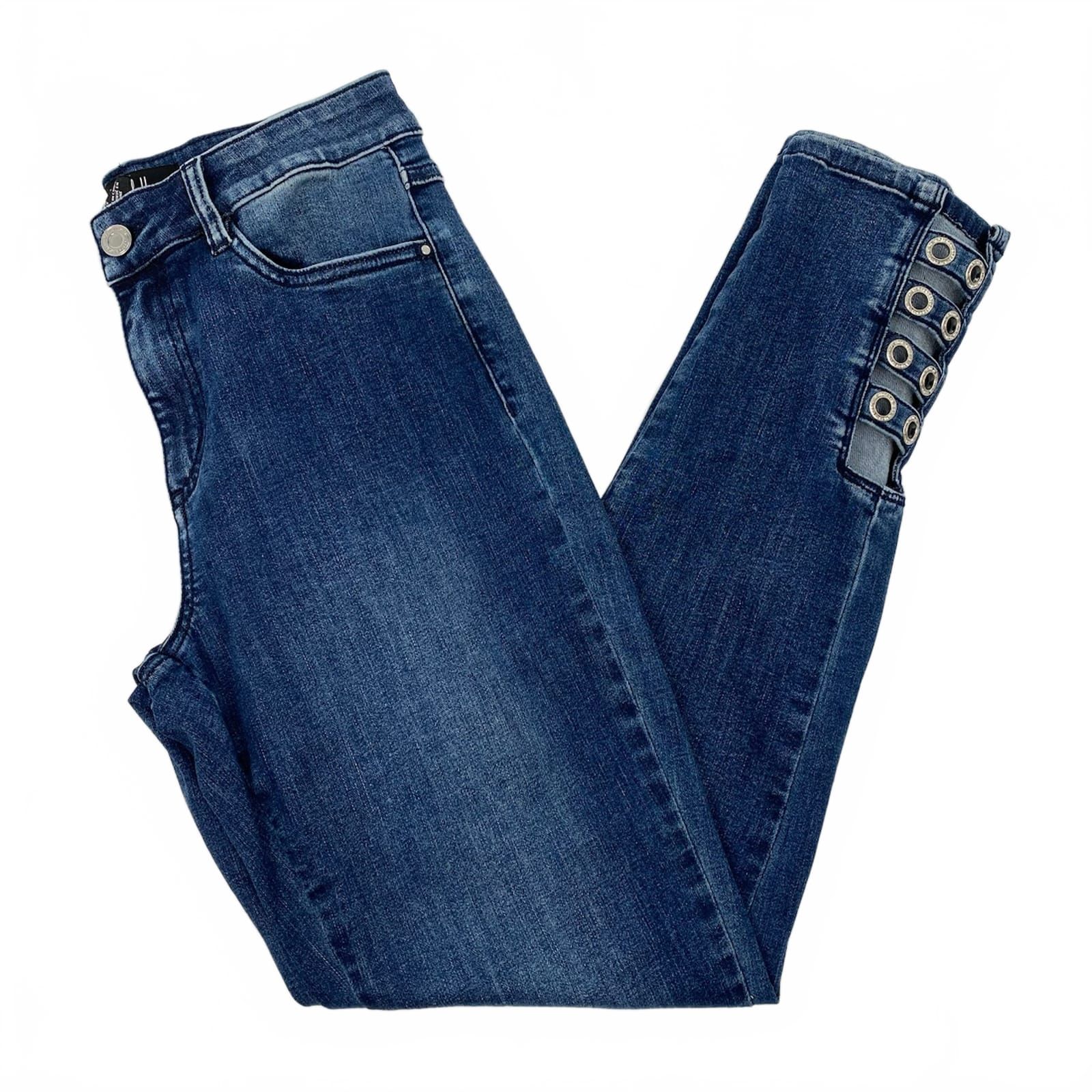 Joseph Ribkoff Blue Rhinestone Grommet Ankle Jeans