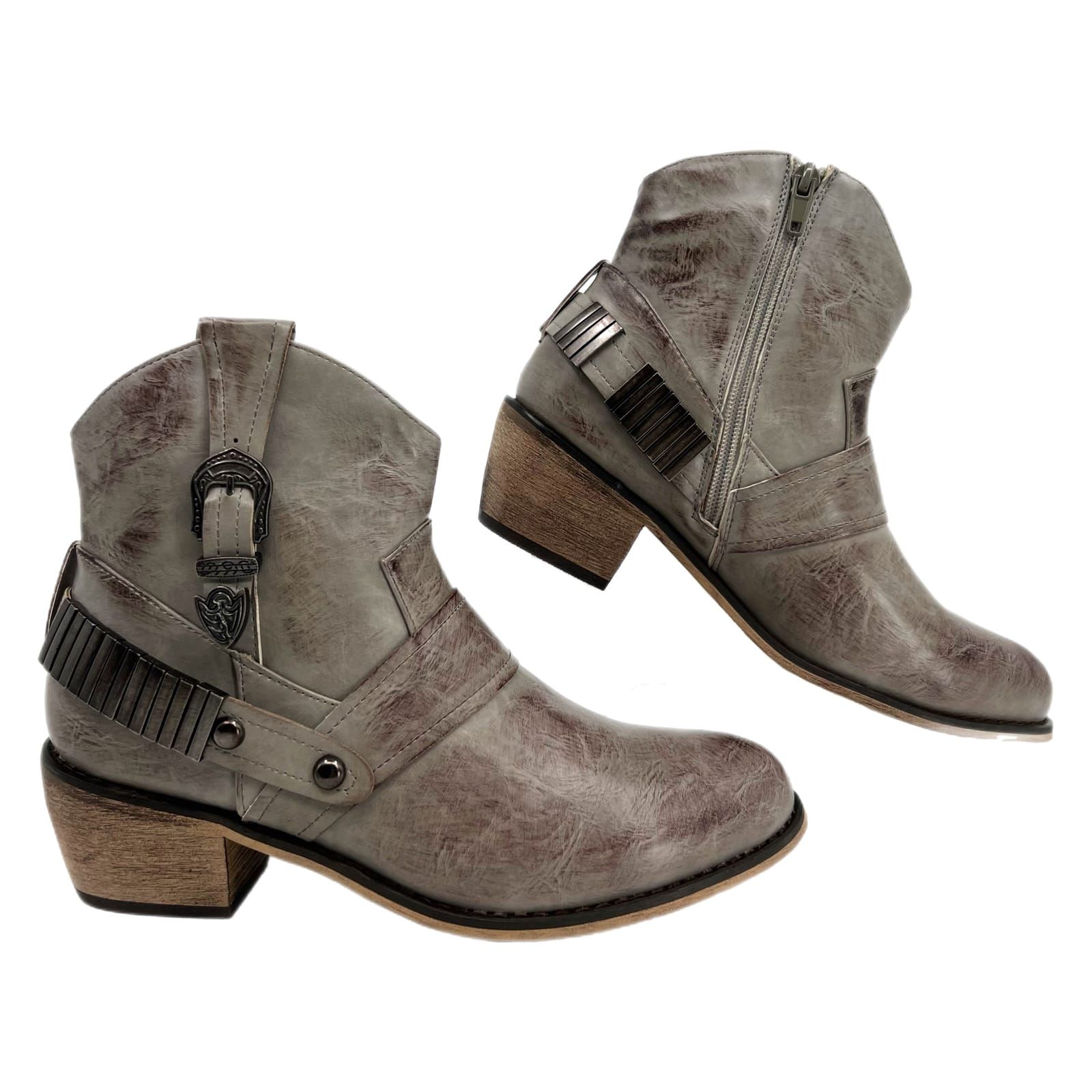 93 Vintage Gray Buckle Accent Ankle Boots