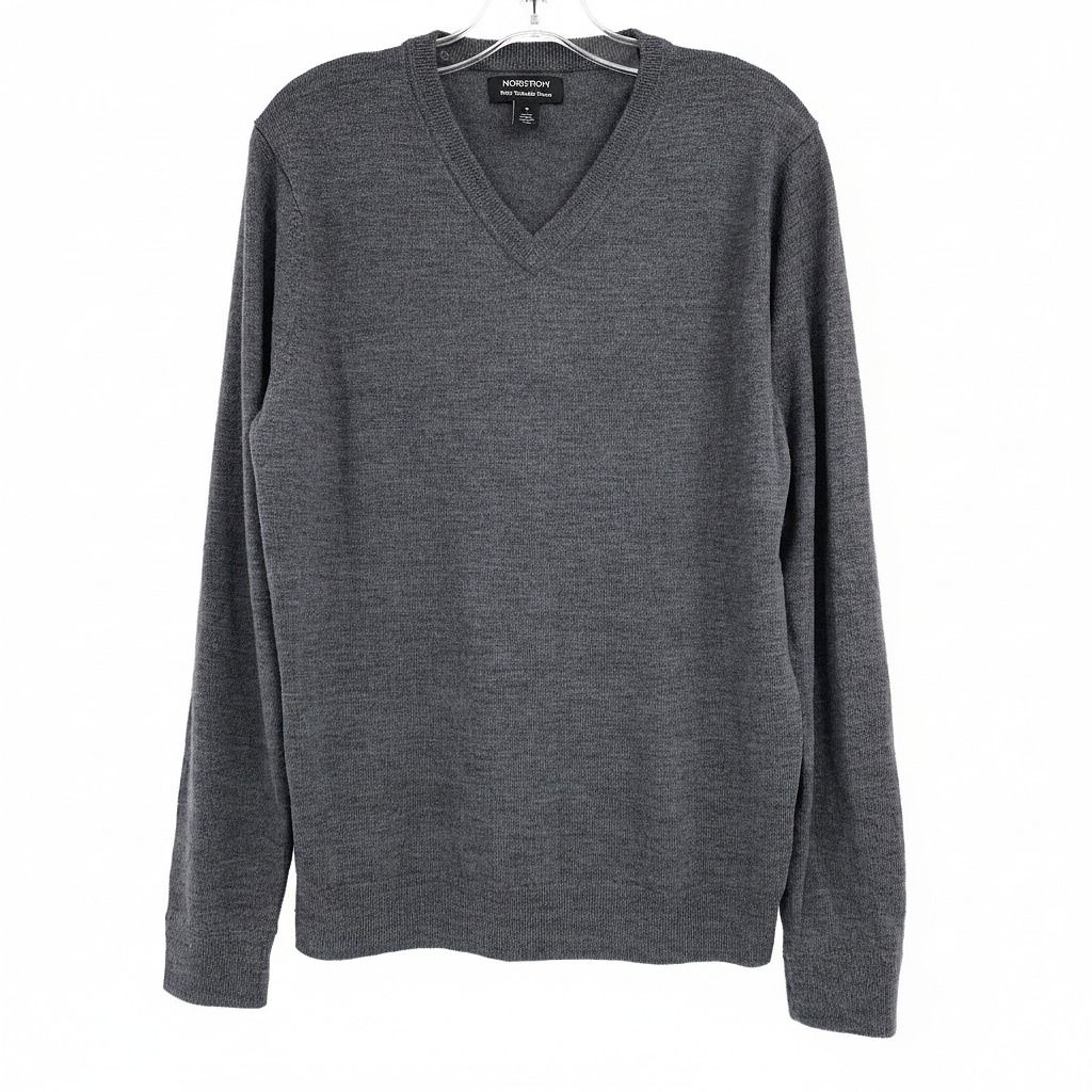 Nordstrom Gray 100% Merino Wool V-Neck Sweater