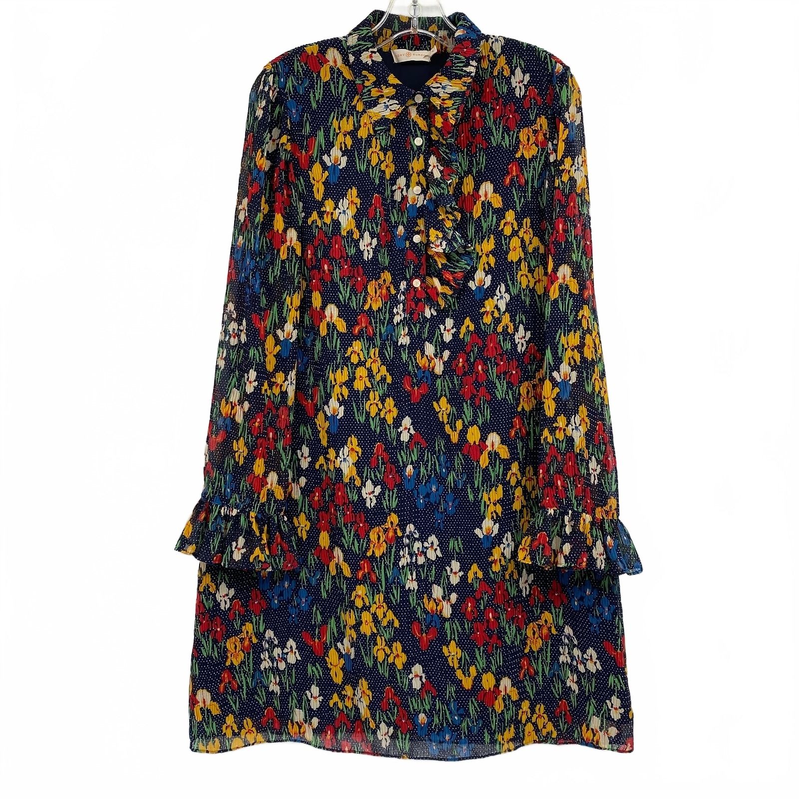 Tory Burch Navy Yellow Red Livia Pleated Ruffle Floral Mini Dress