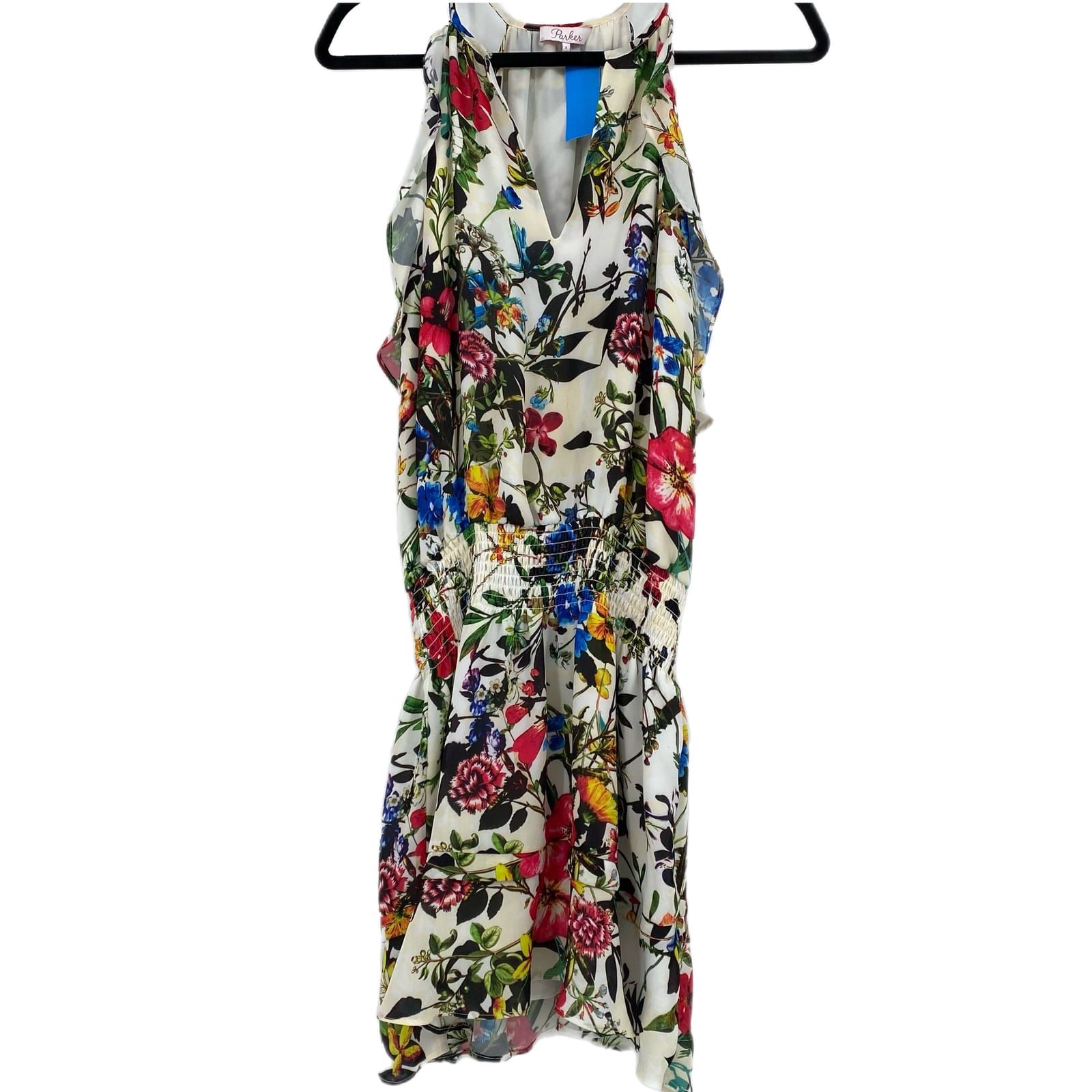 Parker White & Green Floral Halter Dress