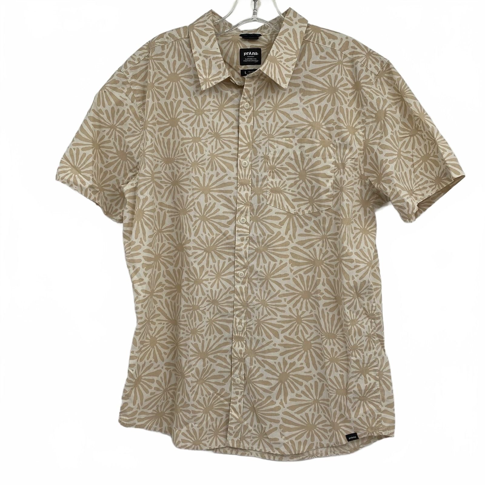 Prana Beige Cotton Blend Short Sleeve Casual Shirt
