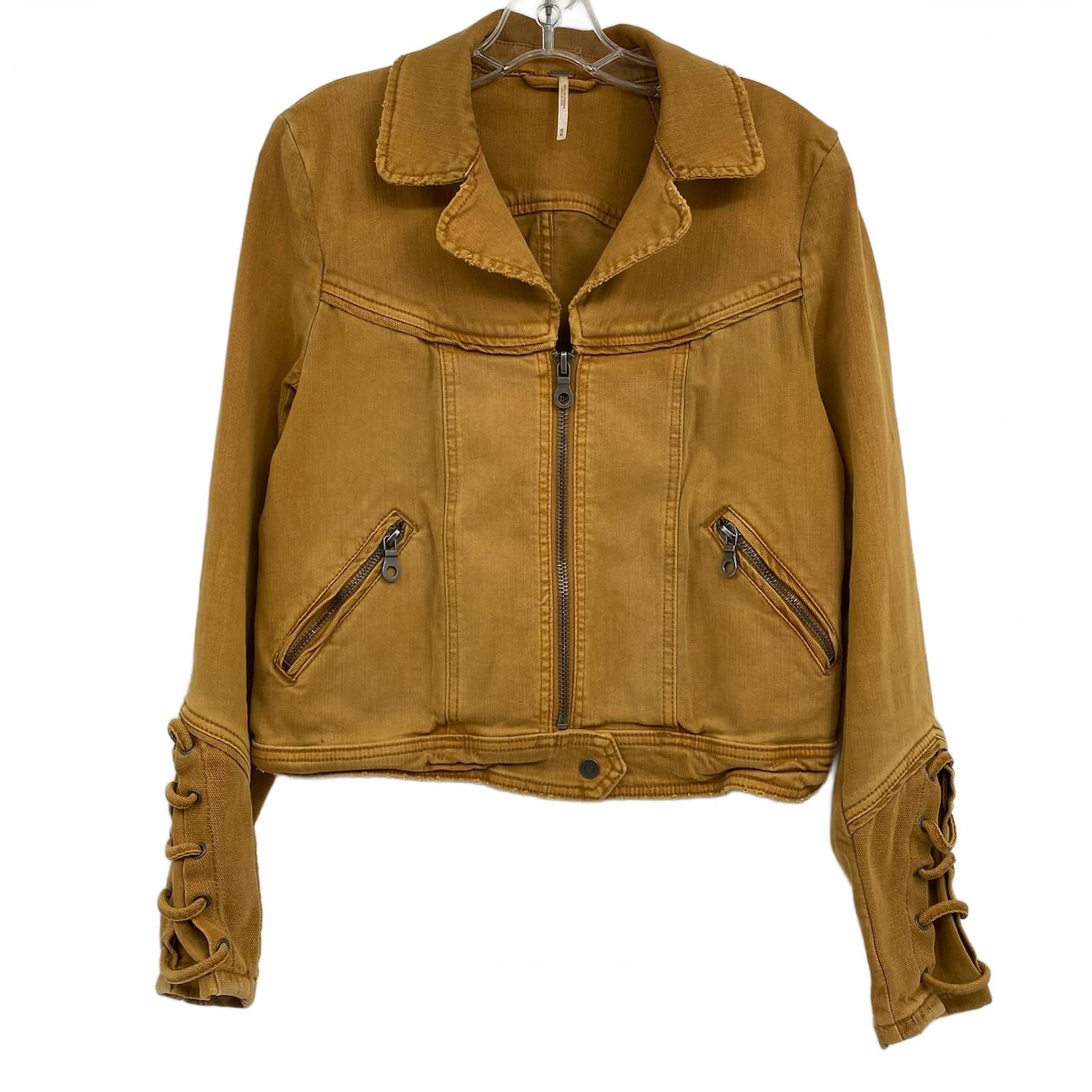 Free People Brown Lace-Up Sleeve Denim Jacket