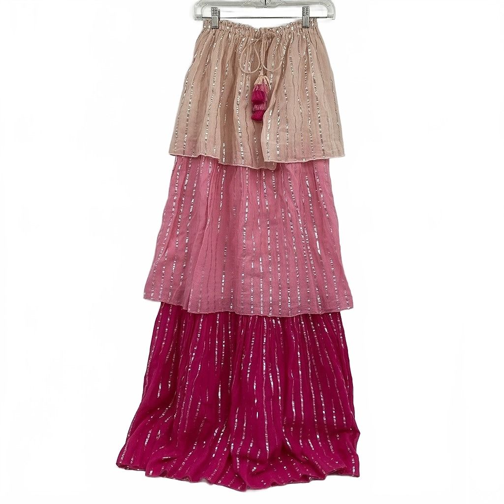 PQ Pink Silver Striped Tiered Strapless Maxi Dress