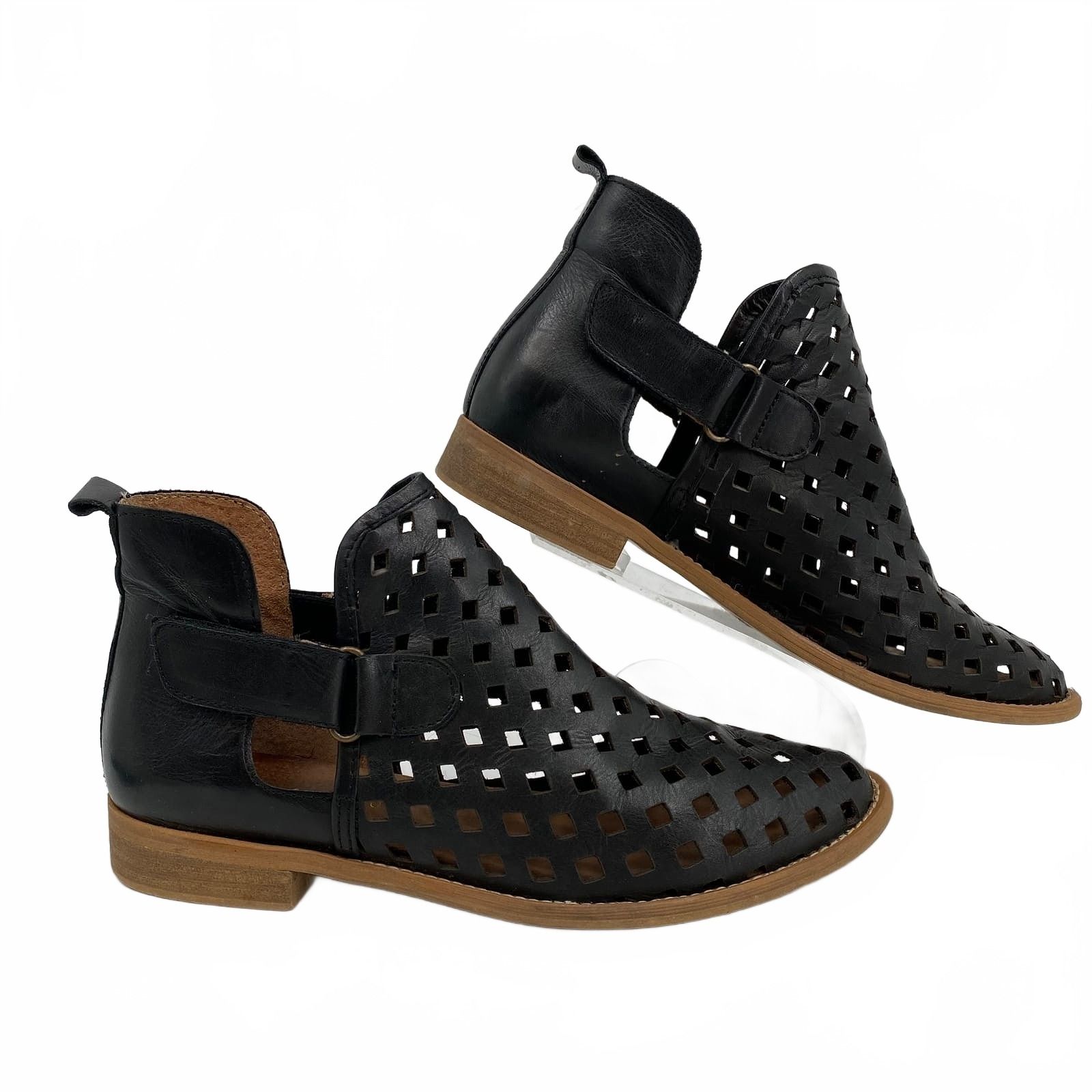 Musse & Cloud Black Leather Laser-Cut Ankle Boots