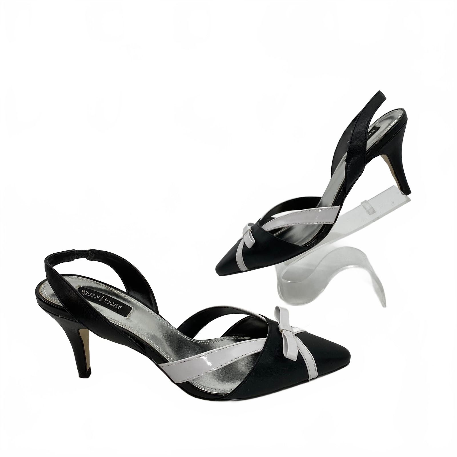 White House Black Market Black White Heels Slingback Bow