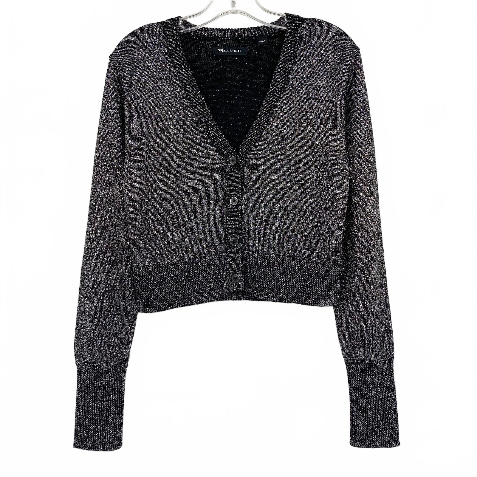 All Saints Black Silver Small Saints Knit Cardigan