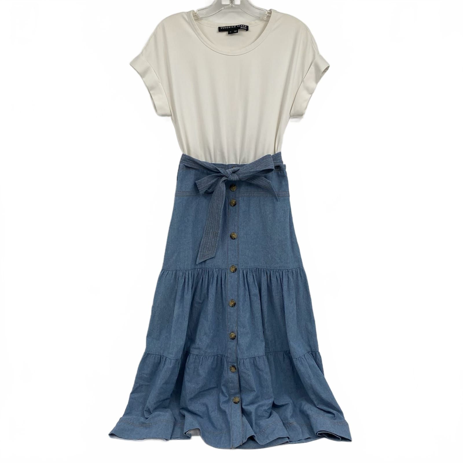 Veronica Beard White Blue Emmitt Chambray Midi Dress