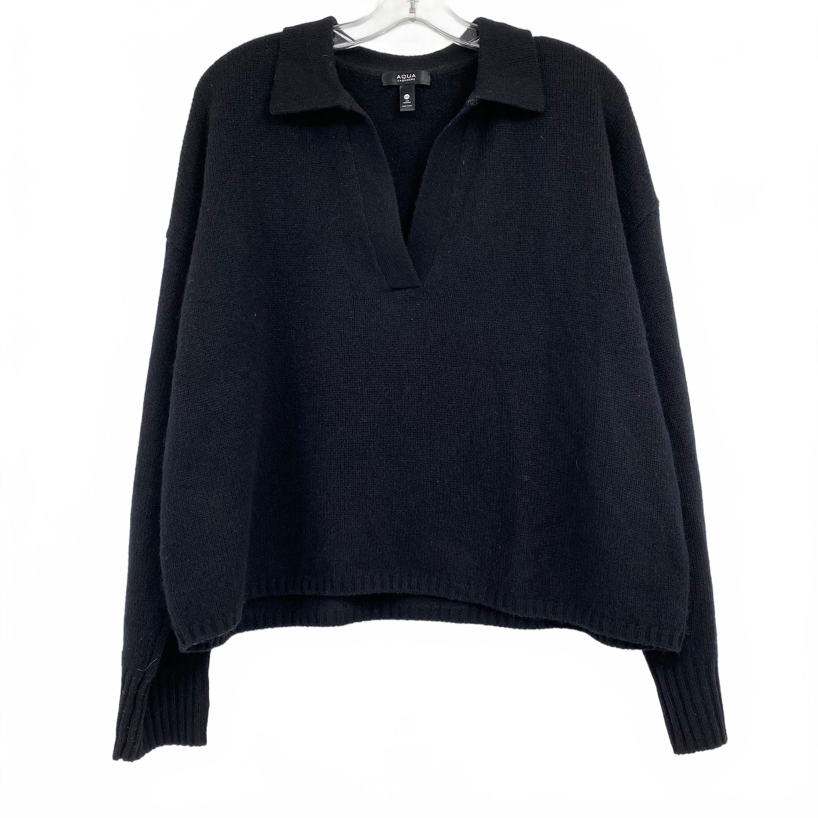 Aqua Black Cashmere Collared V-Neck Sweater