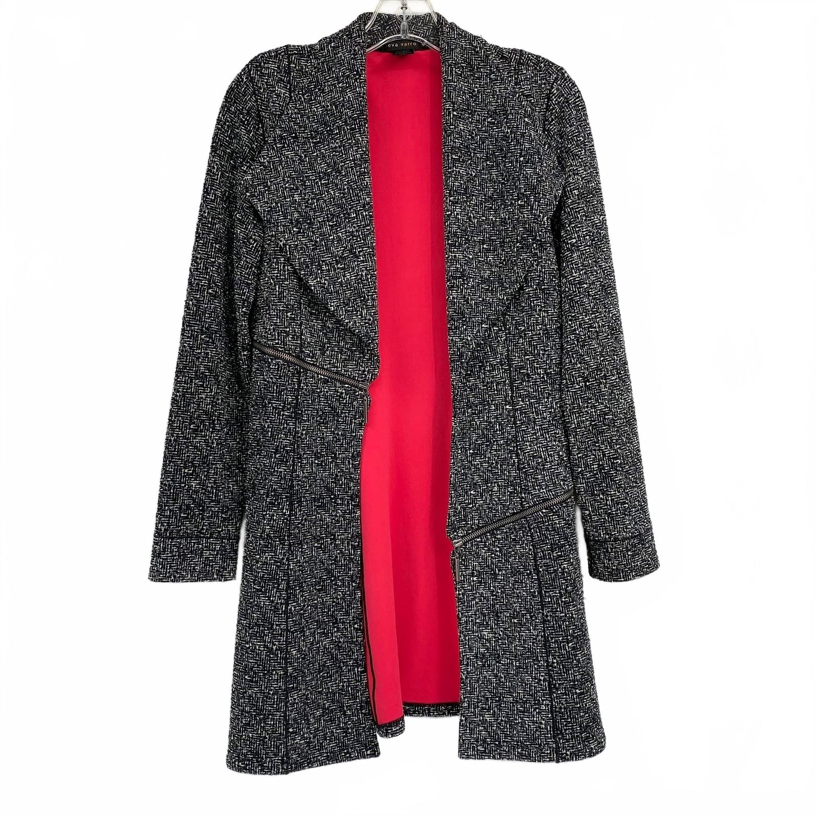 Eva Varro Black White Patterned Zipper Accent Duster Jacket