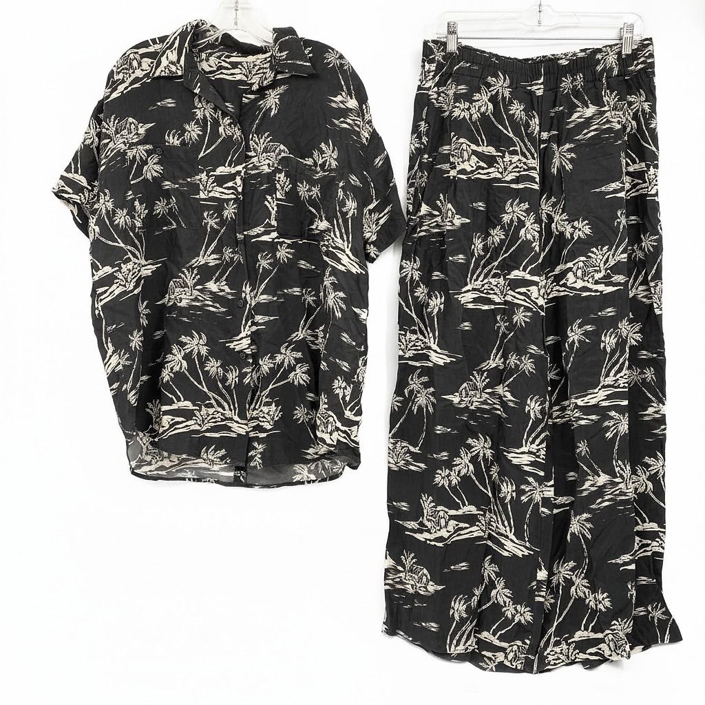 Left on Friday Gray Cream Tropical Print Button Down Shirt and Drawstring Pants