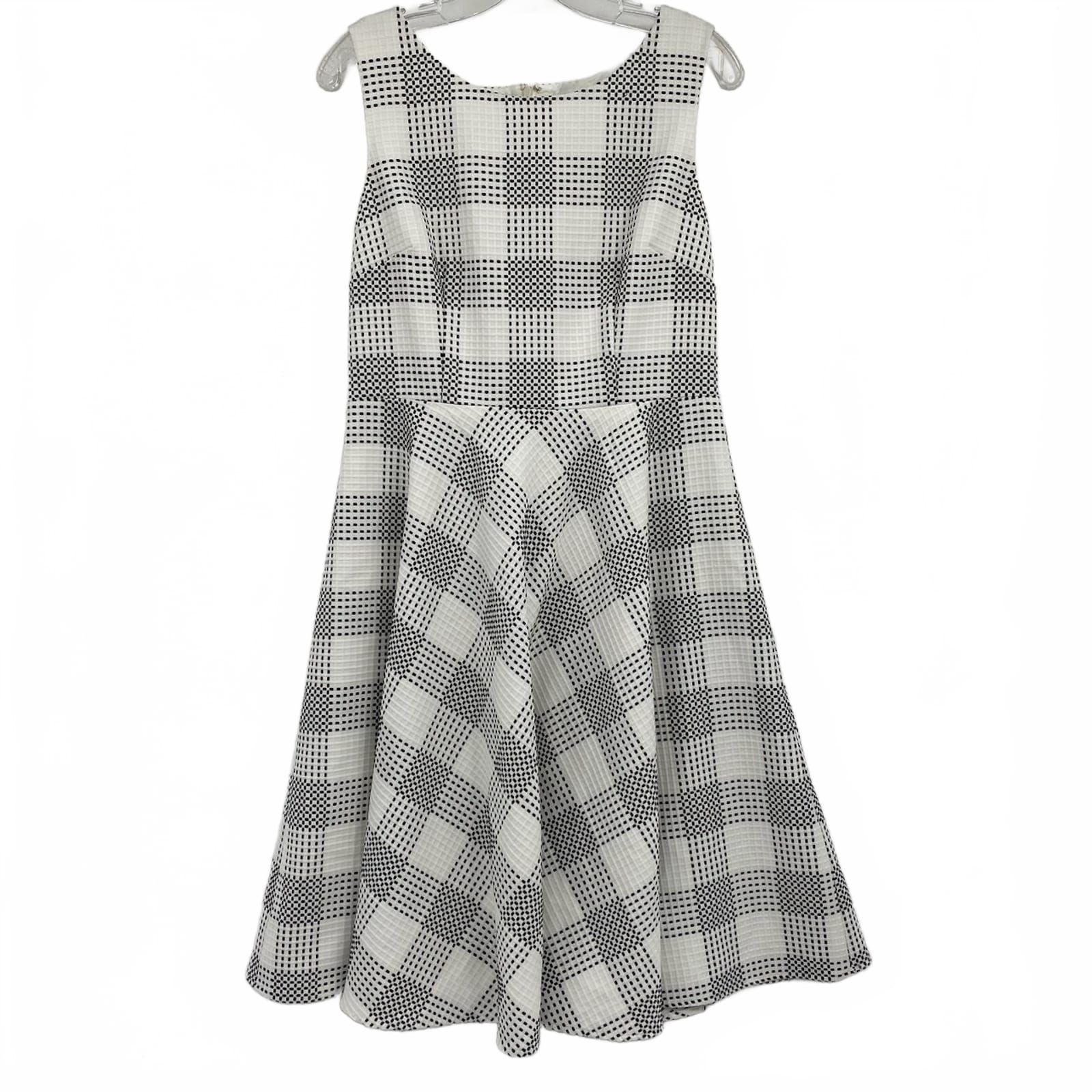 Talbots White Black Embroidered Plaid A-Line Midi Dress