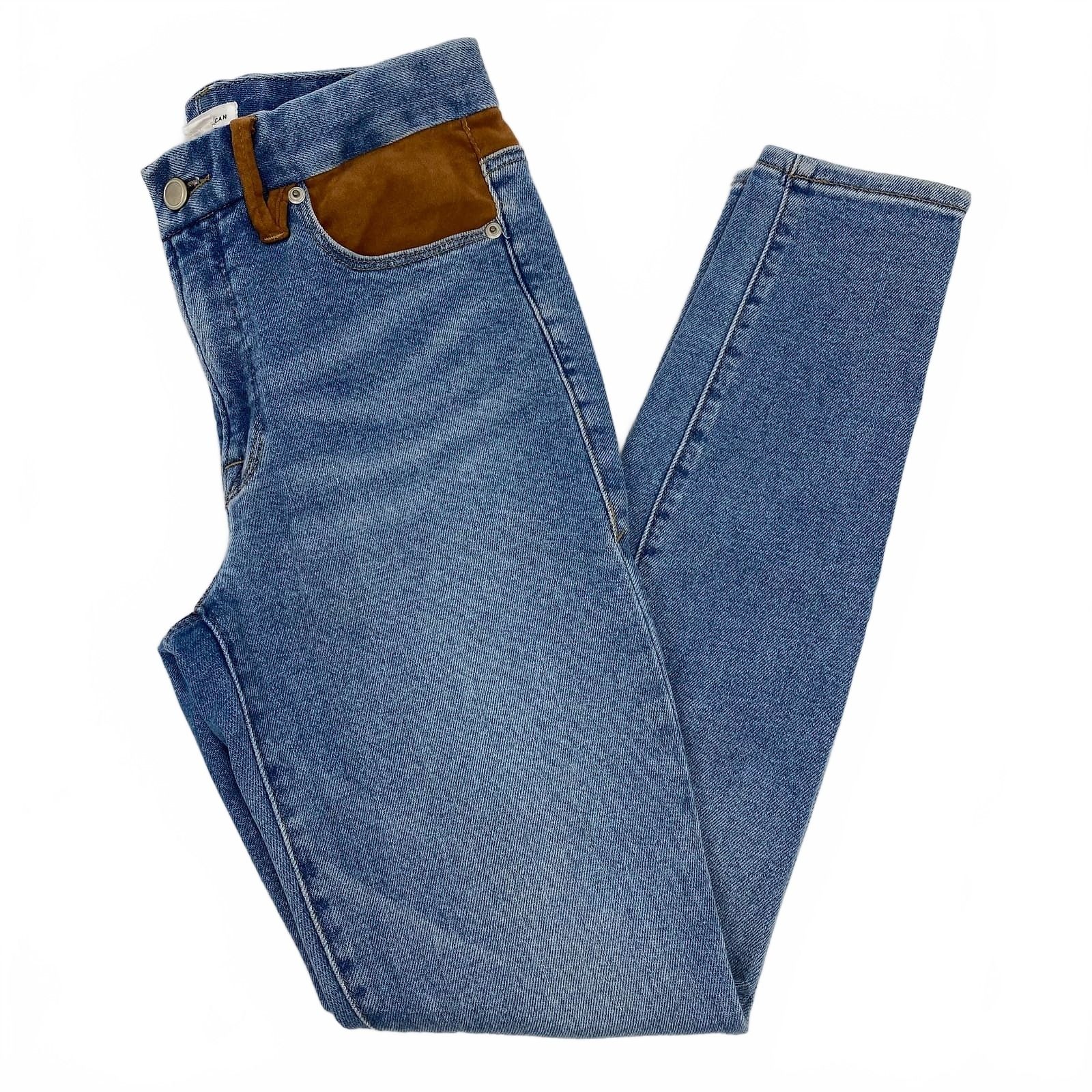 Good American Blue Brown Light Wash Faux Suede Panel Skinny Jeans