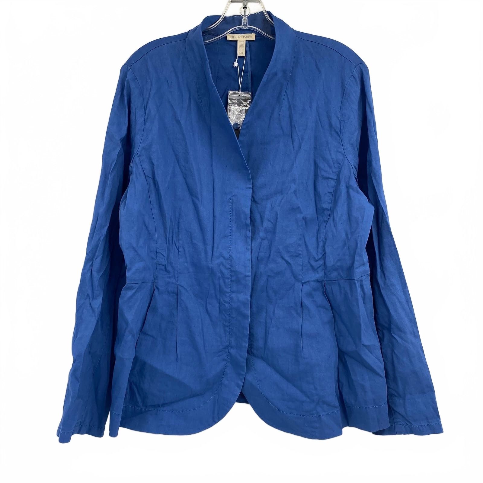 Eileen Fisher Blue Hi Collar Linen and Viscose Jacket