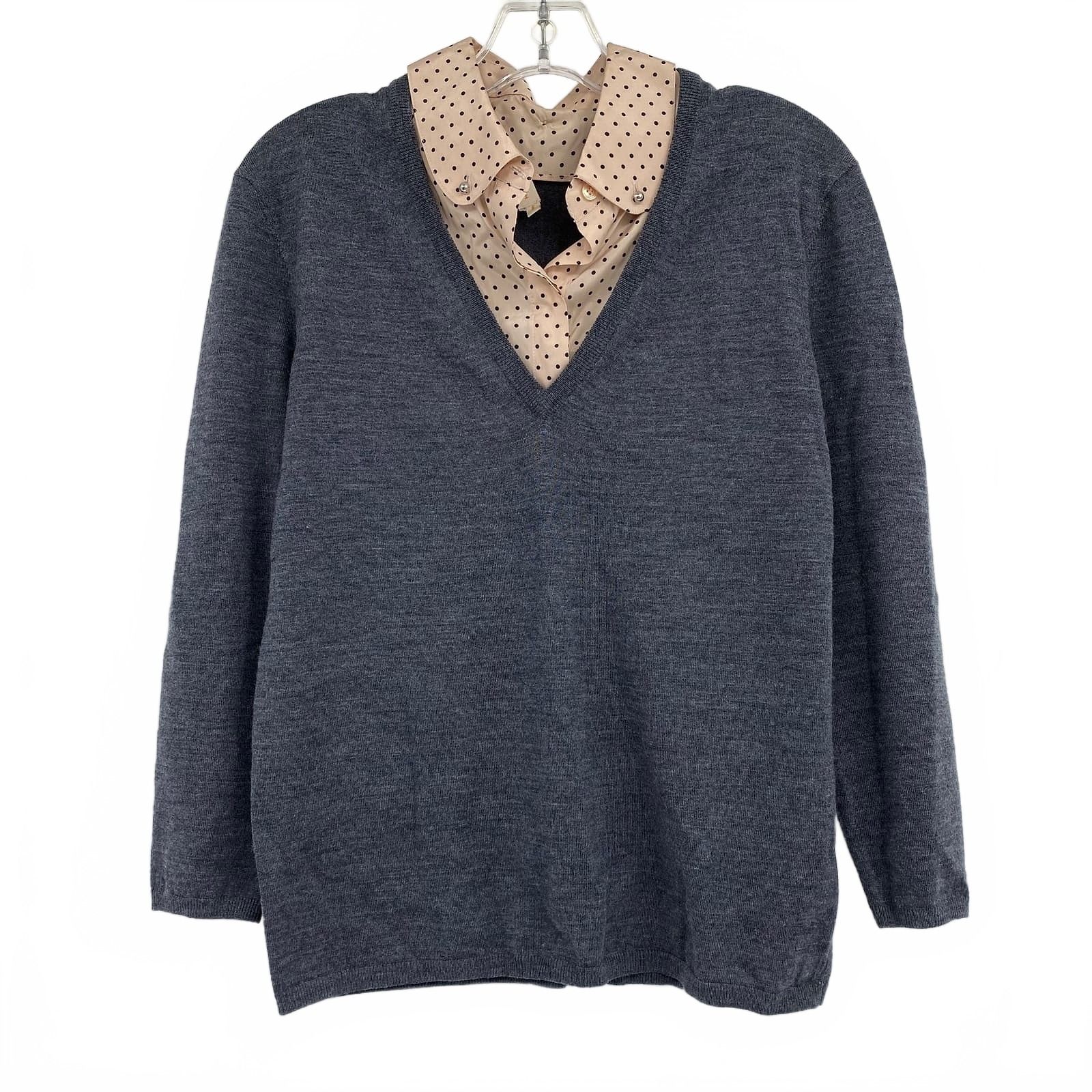 Tory Burch Grey Beige V-Neck Wool Sweater with Removable Polka Dot Collar