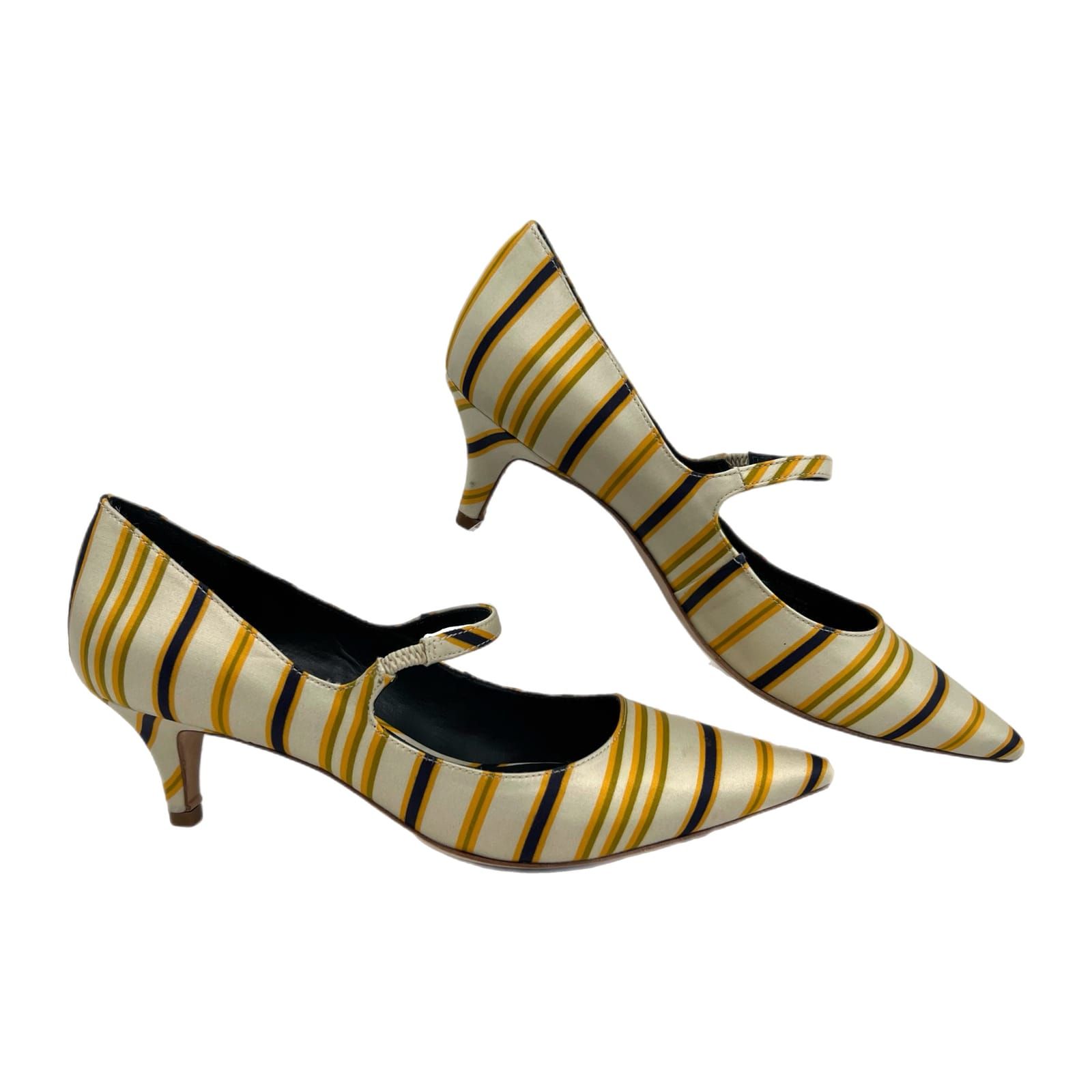 Tory Burch Cream Yellow Striped Beverly Kitten Heels